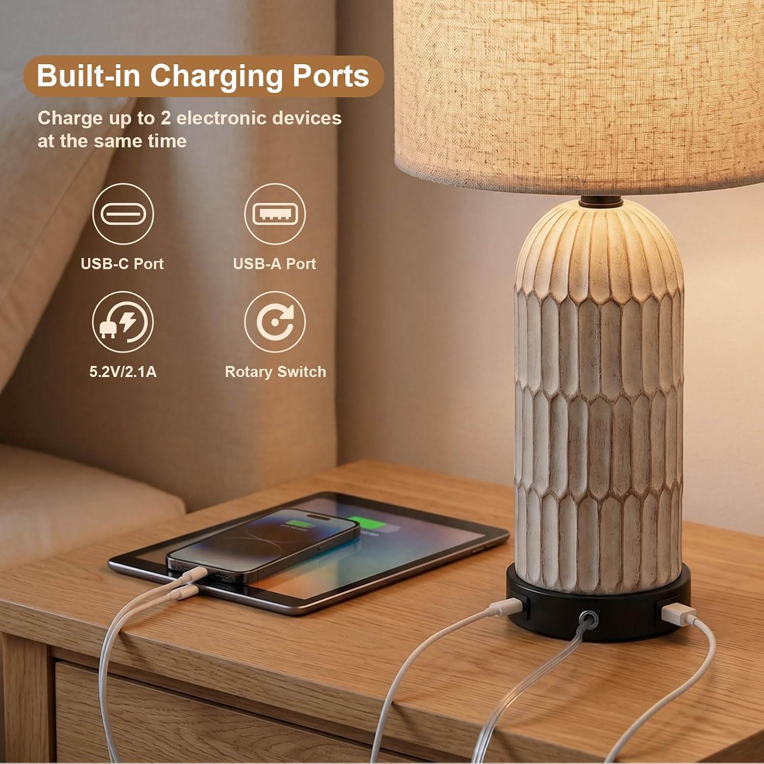 OYEARS 22.5' Bedside Table Lamps Set of 2, Farmhouse Table Lamp with USB A+C Charging Ports,Vintage Nightstand Lamp for Bedrooms and Living Rooms, Retro Resin End Table Lamp with Linen Shade, Black