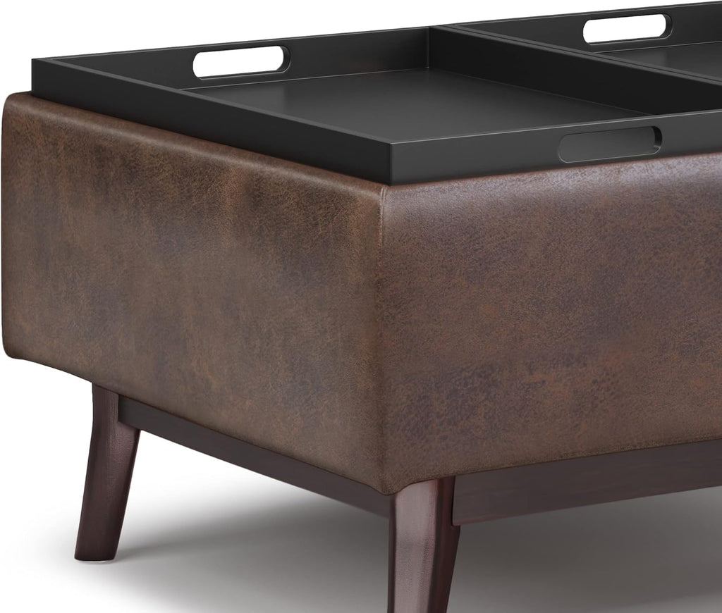 SIMPLIHOME Owen Tray Top Small Coffee Table Storage Ottoman - 34 inch Wide Upholstered Vegan Leather Rectangular Flip-Top Ottoman in Distressed Chestnut Brown, Mid-Century Ottoman for Living Room