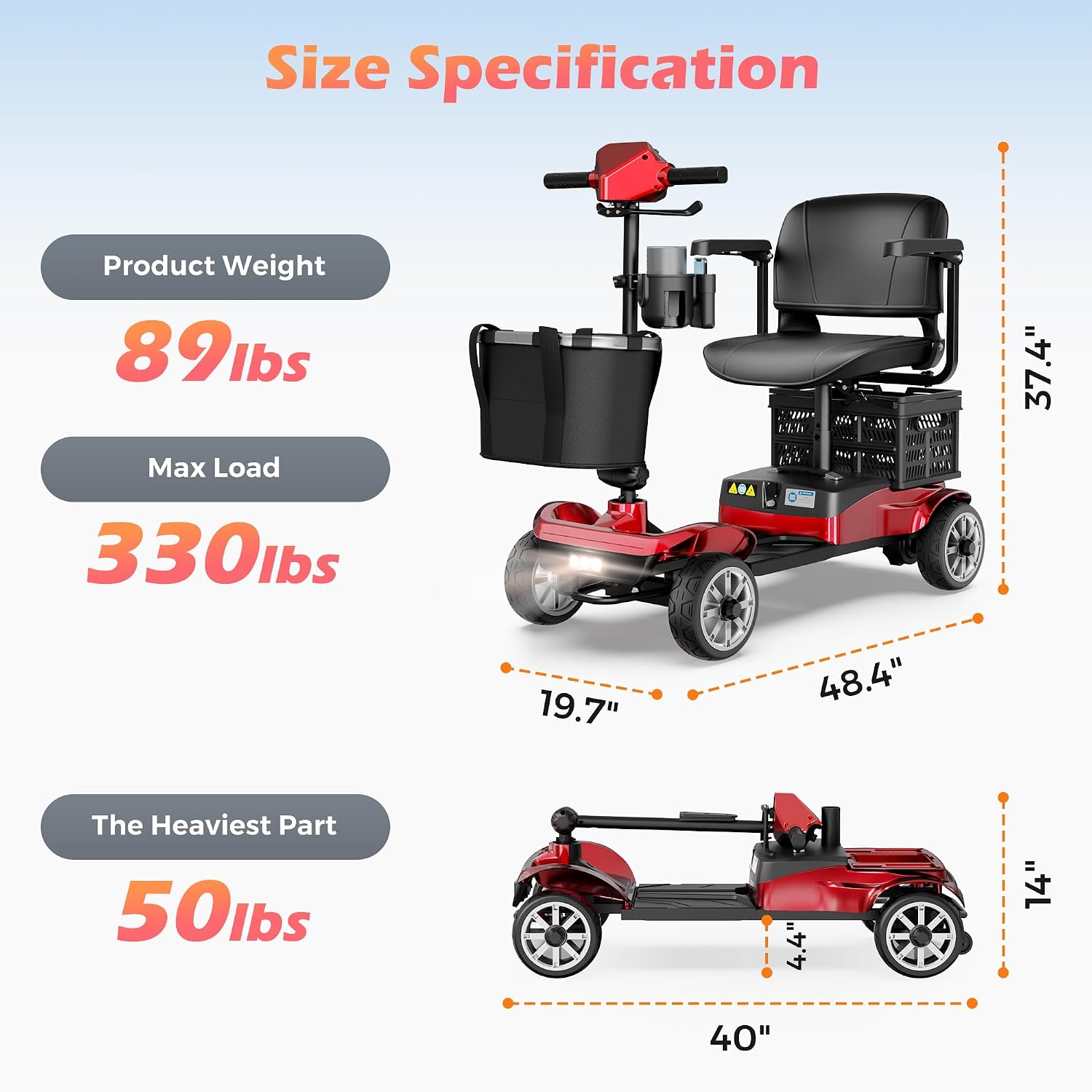 Mobility Scooter for Adults & Seniors with Removable Battery, Cruise & Airport Approved, Foldable Motorized Scooters with Dual Basket, Phone & Cup Holder, Red