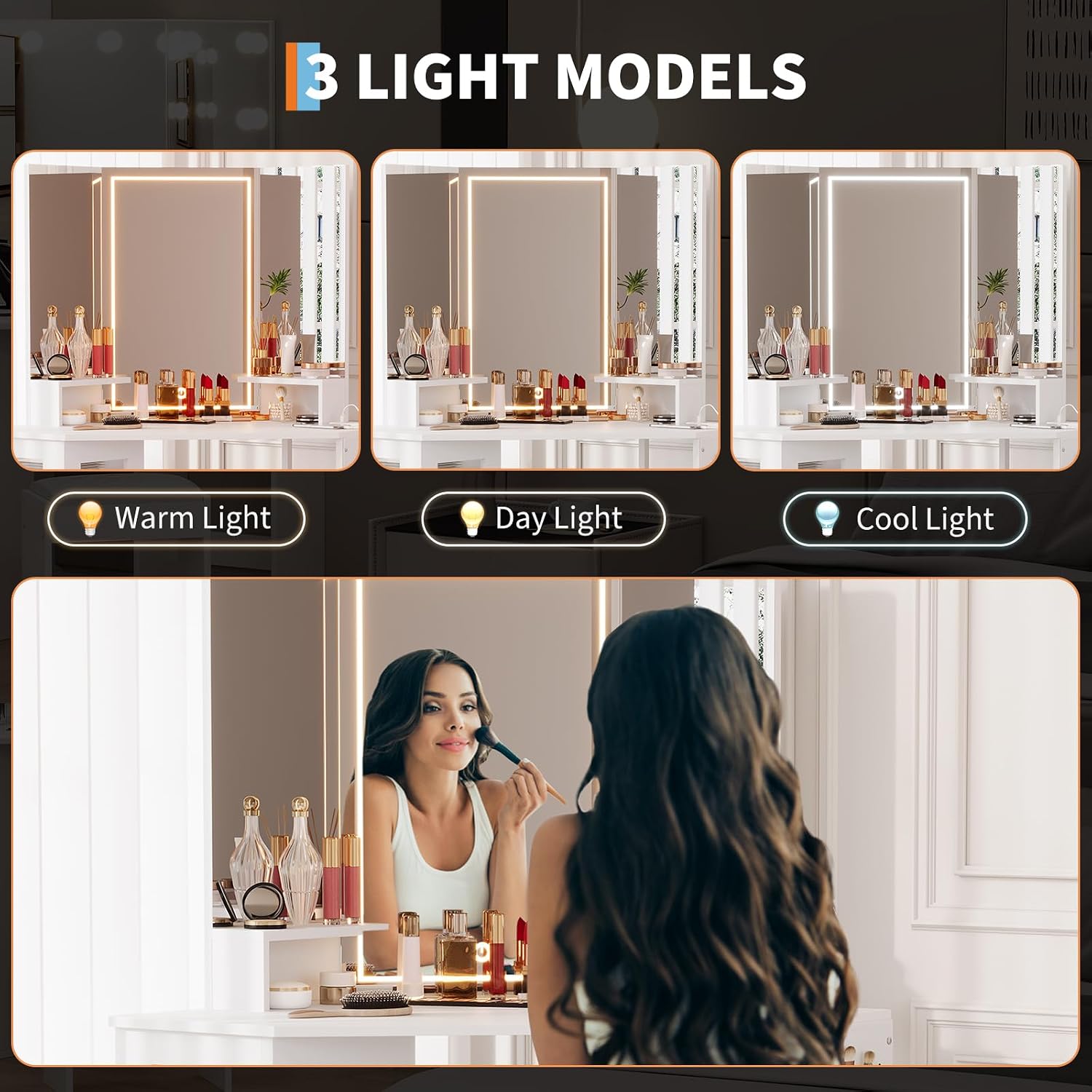 Corner Makeup Vanity Desk with Mirror Lights, Dimmable LED Vanity & USB Charging Station, Storage Cabinet & Stool, Adjustable Shelf, Bedroom Vanity for Women Girls, White