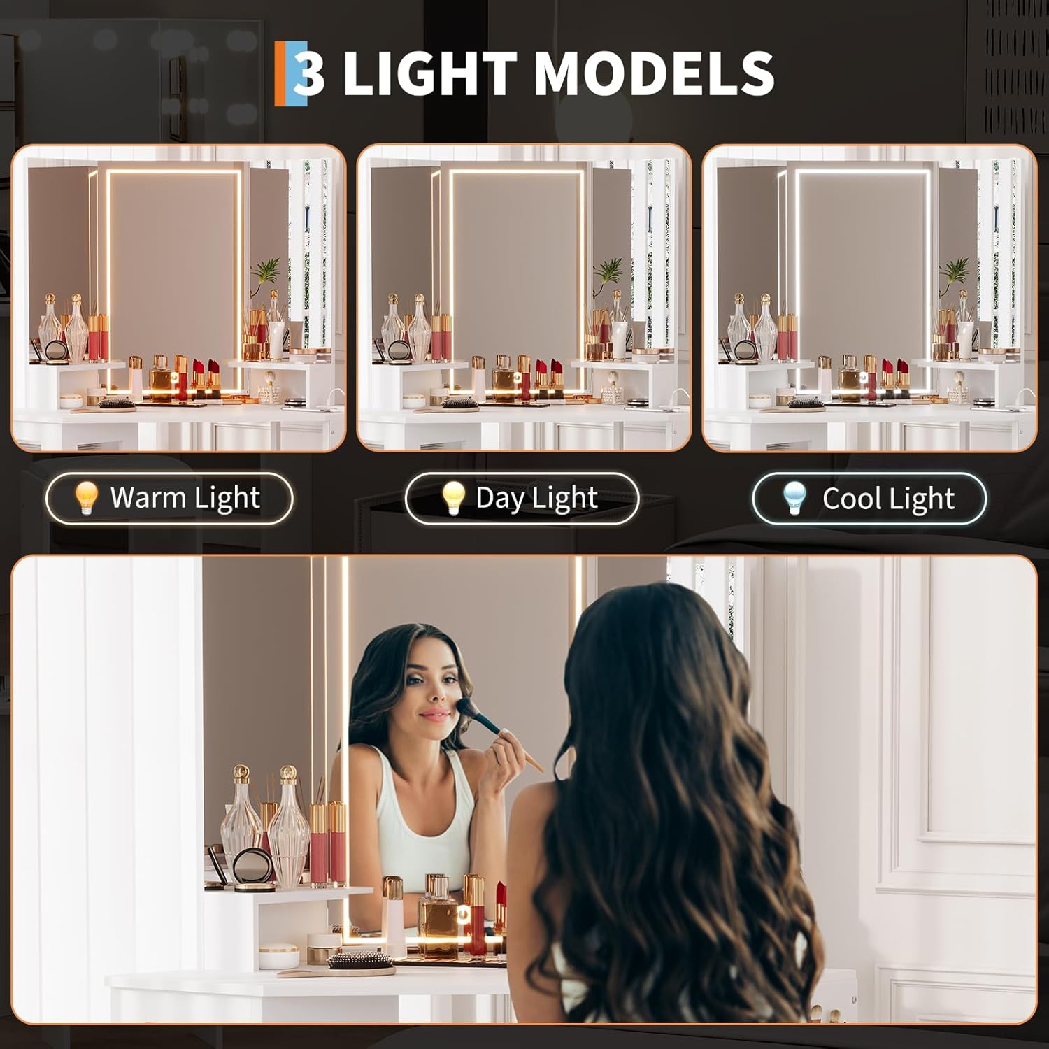 IDEALHOUSE Vanity Desk with Mirror and Lights, 3-Fold Vanity Mirror with Lights Makeup Vanity with Charging Station, Corner Vanity with Acrylic Door Cabinet, Hanging Storage Bag & Stool, White