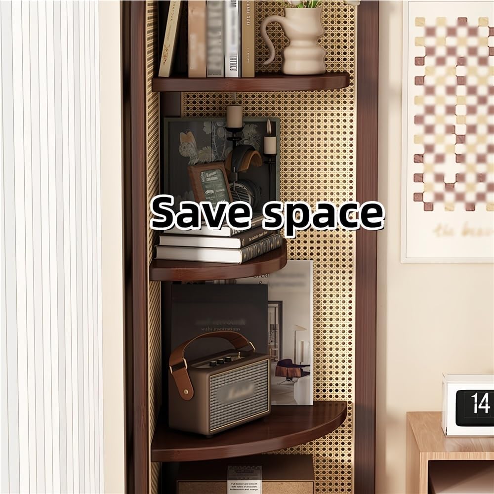 4 Tier Corner Shelf, Rattan Display Shelves with Solid Wood Frame, Bookshelf Stand for Living Room, Bedroom, or Office(Natural)