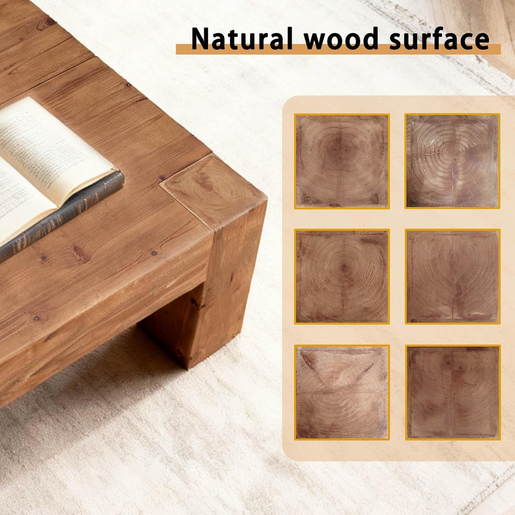 Rustic Wooden Coffee Table for Living Room, Big Square Coffee Table Mid Century Modern Center Table, Large Farmhouse Solid Wood Tea Table for Office Apartment (39.37''L × 39.37''W × 15.75''H)