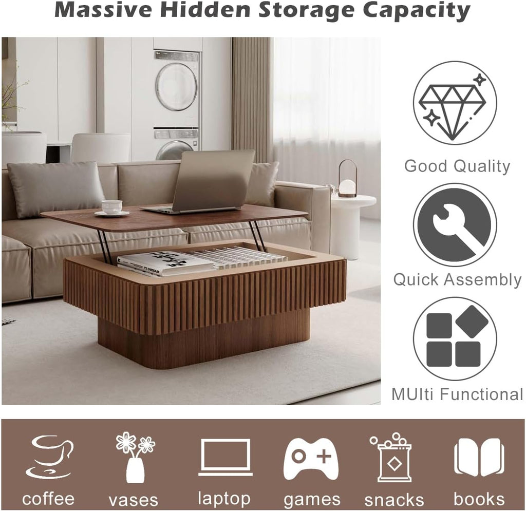 Lift Coffee Table with Storage & Adjustable Height, Solid Wood Coffee Table Fluted Center Table Accent Tea Table or Living Room, Apartment, Office (38.6' Walnut)