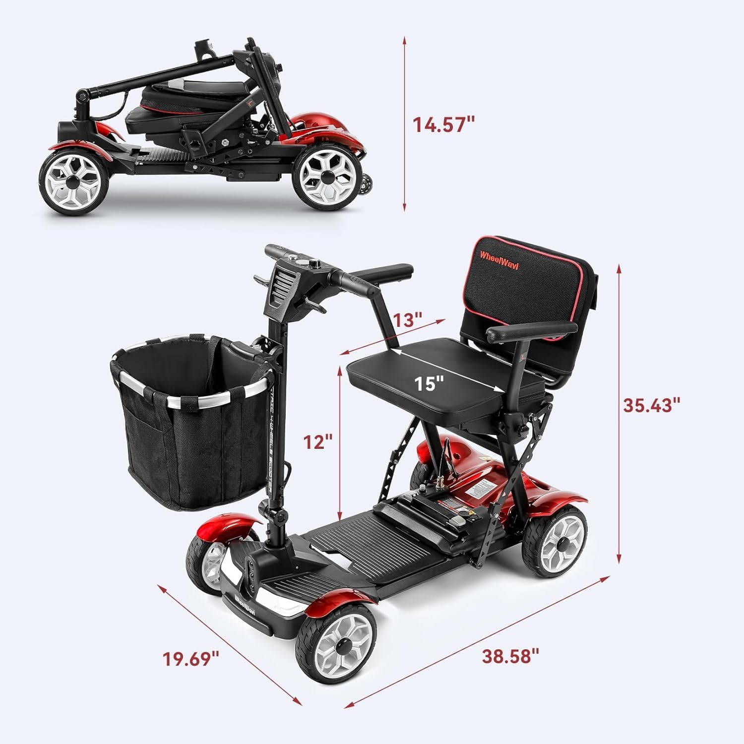 Wheelwavi Lightweight Mobility Scooter for Seniors, 20-25 Miles Portable Mobility Scooter for Travel, Removable Lithium Battery, Scooter for Adults with 330 lbs Capacity LED Headlights-RED