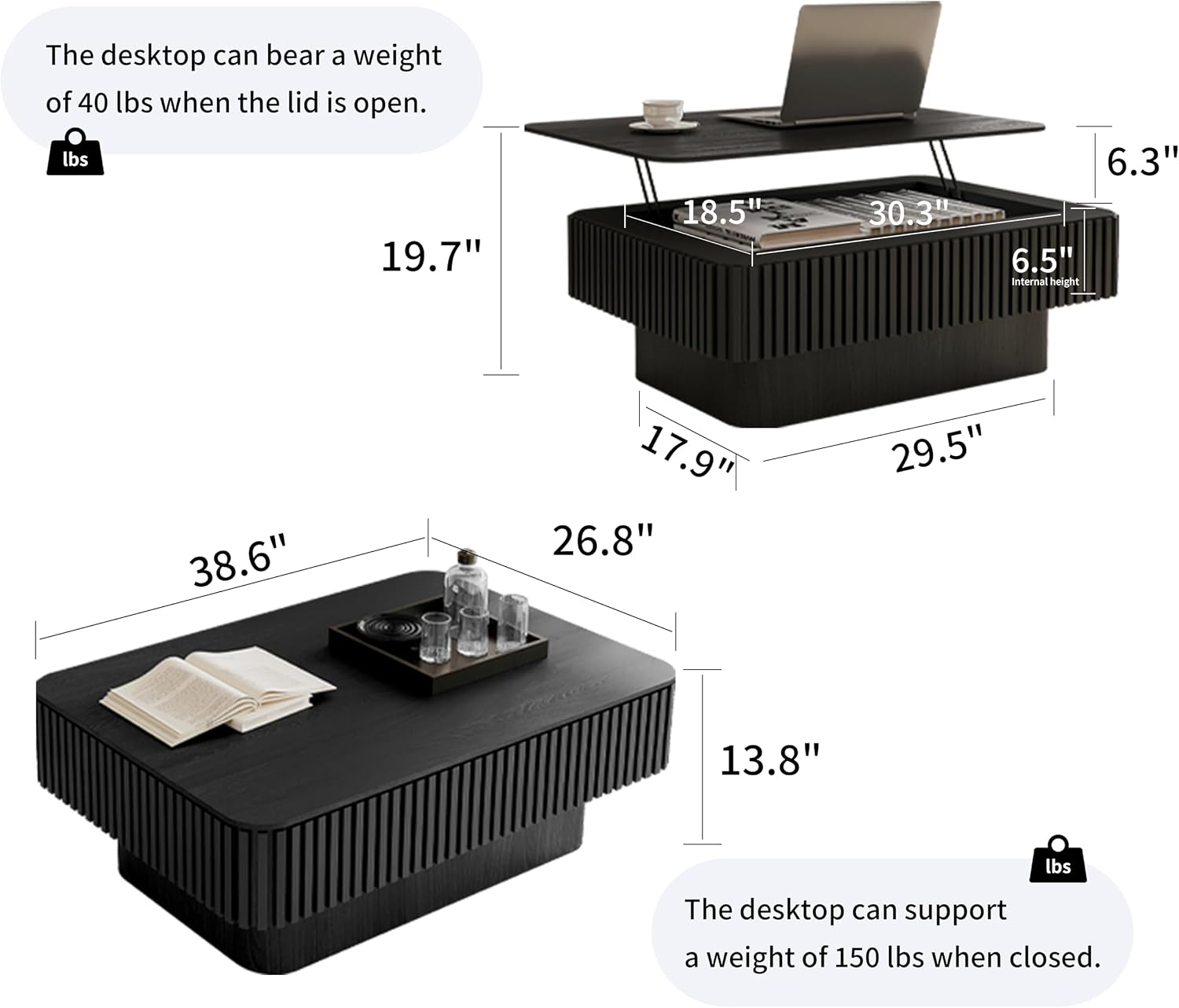 Rectangle Coffee Table with Lifting Top for Living Room Modern Coffee Table with Storage Smart Coffee Tables Lift Up Coffee Tables for Eat Fluted Pedestal Center Tables Apartment 38.6' Black