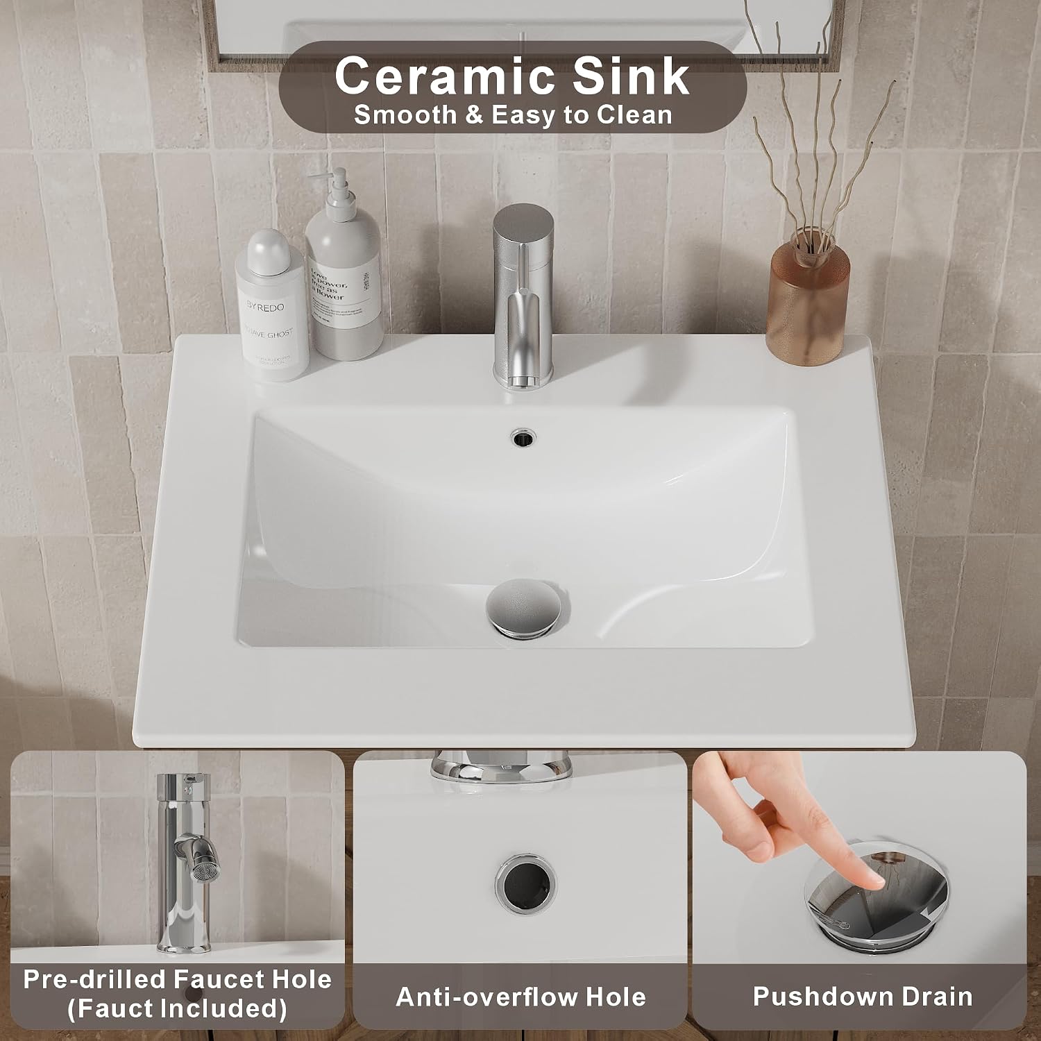 KIGOTY 24 Inch Farmhouse Vanity for Bathroom with Ceramic Sink, Vanity Sink Cabinet with Faucet, Wooden Sink Vanity, Freestanding Bathroom Sink and Cabinet, Bathroom Furniture Set