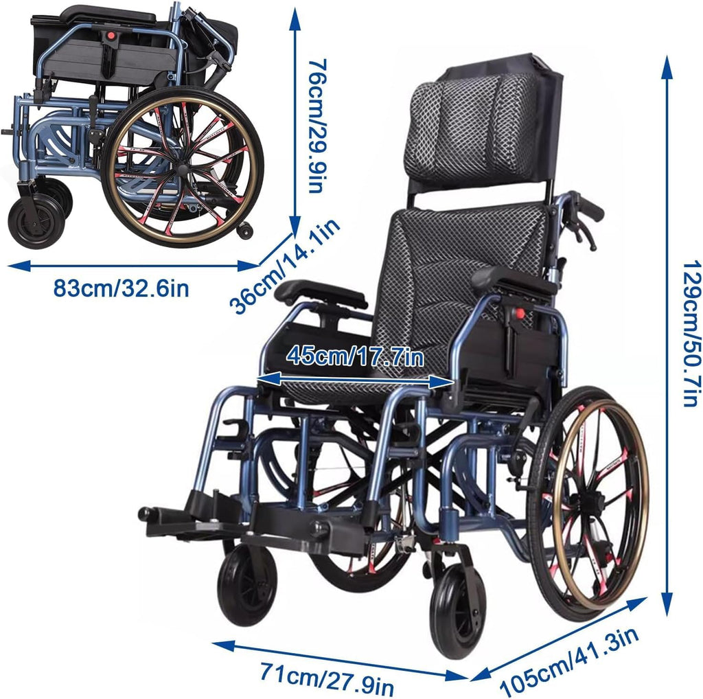 Full Lying Wheelchairs Folding, Lightweight Self Propelled Wheelchair Portable Comfort Wheelchair with Swing Away Footrests and Brakes,Self-propelled Manual Wheelchairs Scooter