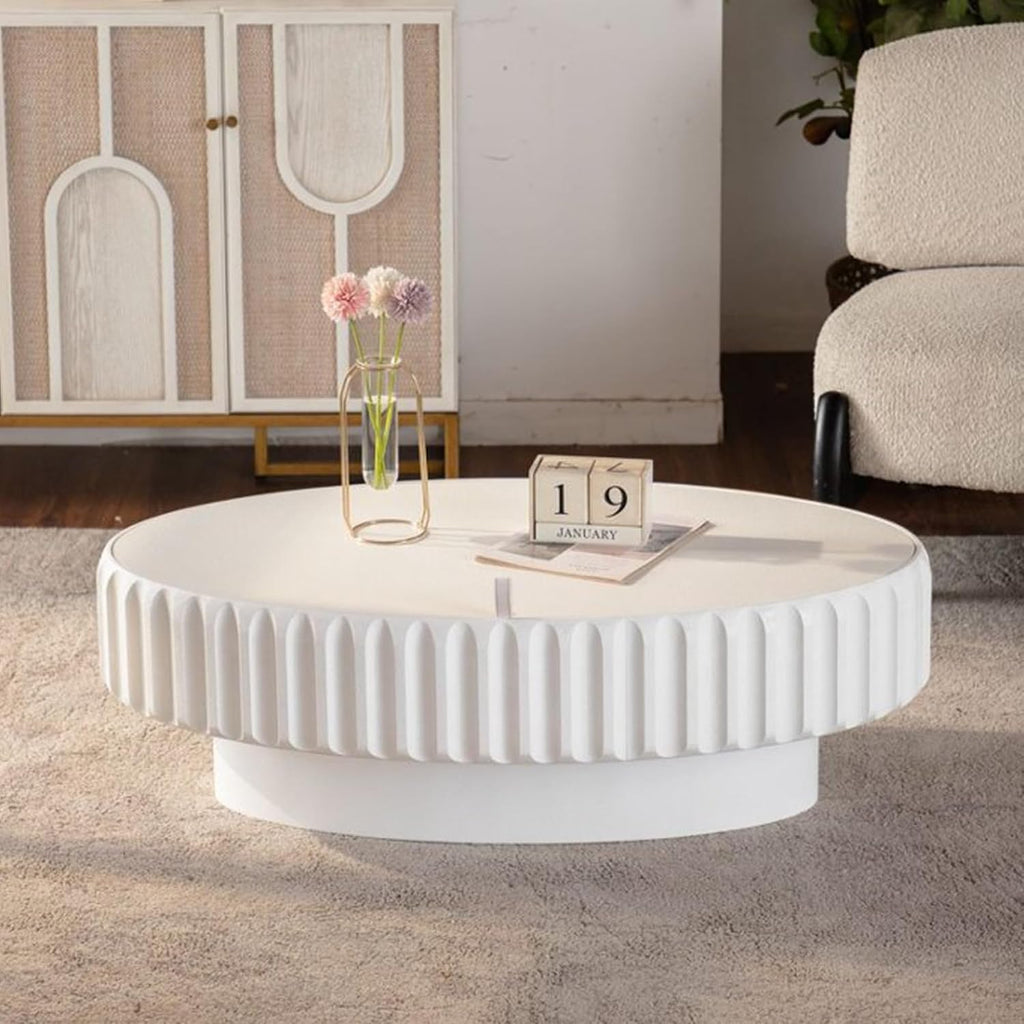 43.31'' White Oval Coffee Table with Storage Space for Living Room, Modern Contemporary Circle Curved Fluted Drum Pedestal Wood Coffee Table, Easy Assembly, White