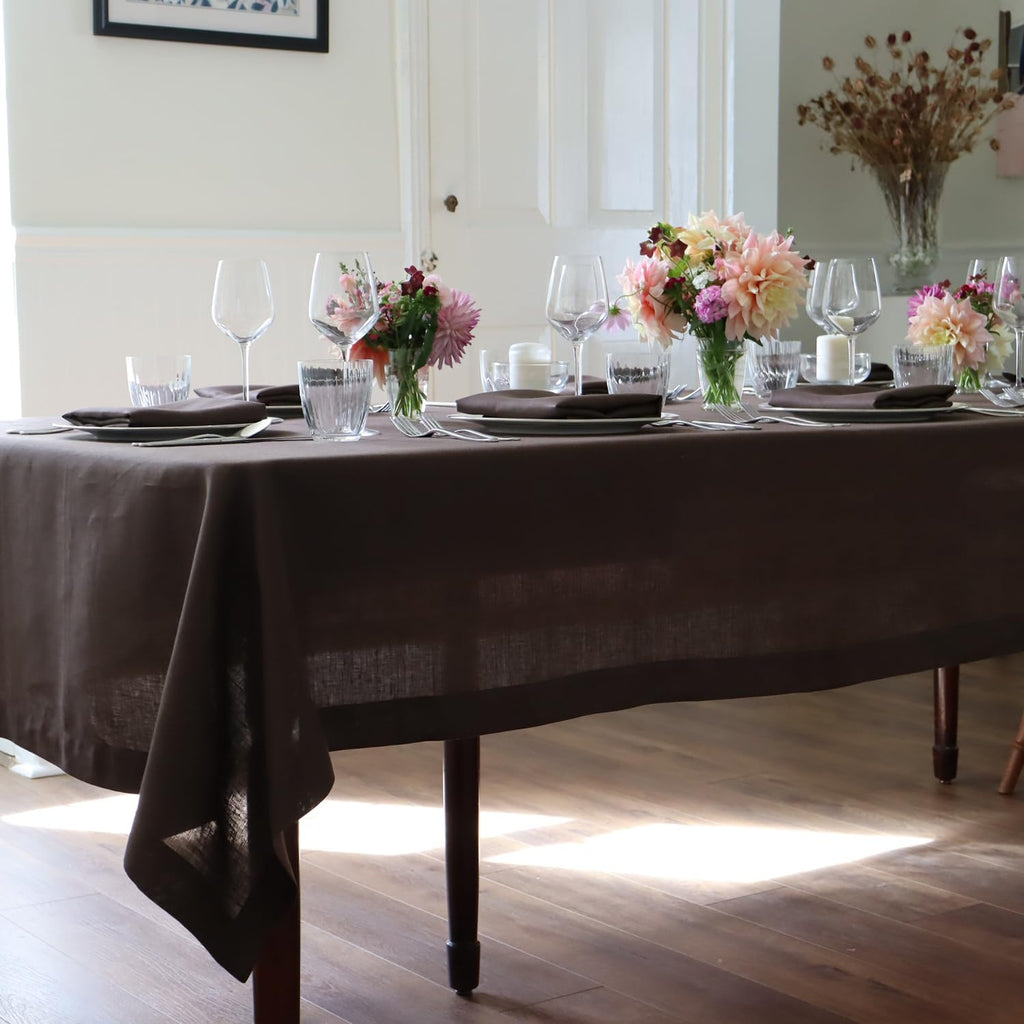 Huddleson Chocolate Brown Linen Tablecloth 66x126 Luxury Italian Linen Rectangle Rectangular Table Cloth Sewn in US