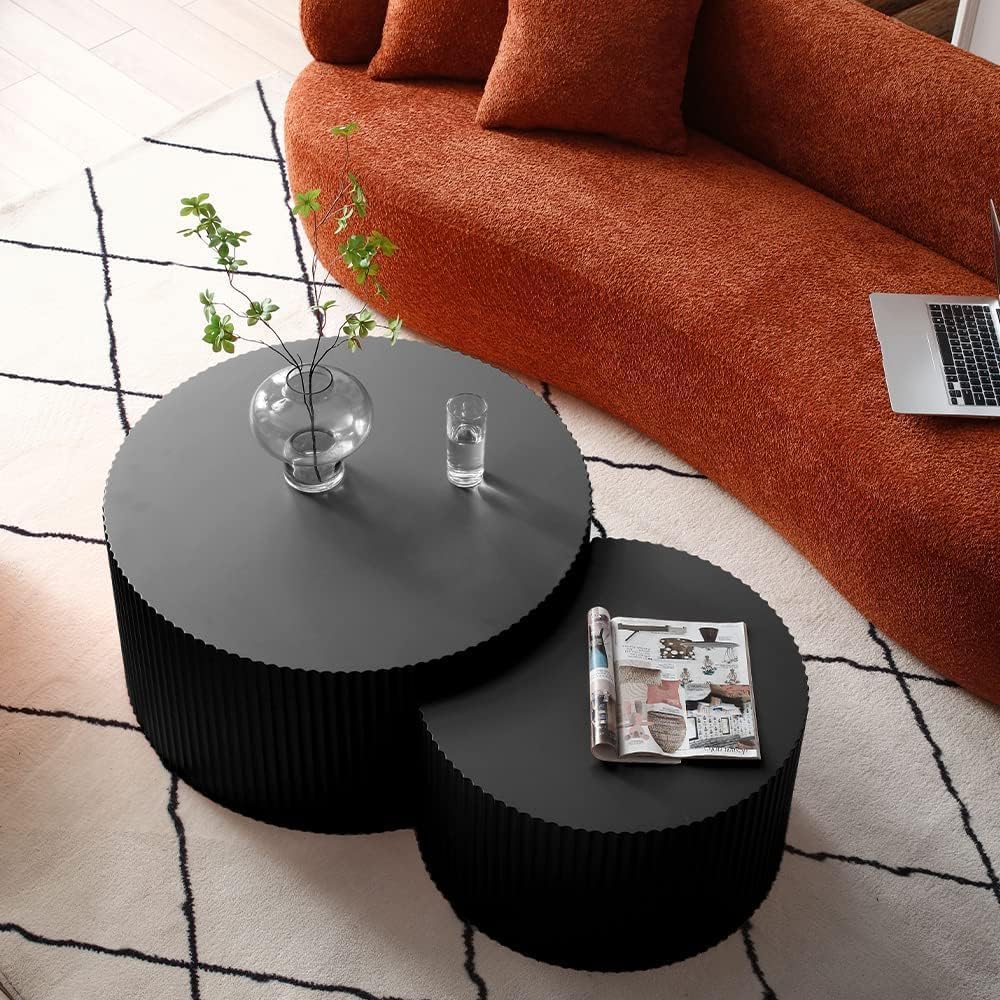 JUSTONE Nesting Coffee Table Set of 2, Modern Matte Black Round Drum Side Tables - Space-Saving End Tables for Living Room, Apartment, Bedroom (Black)