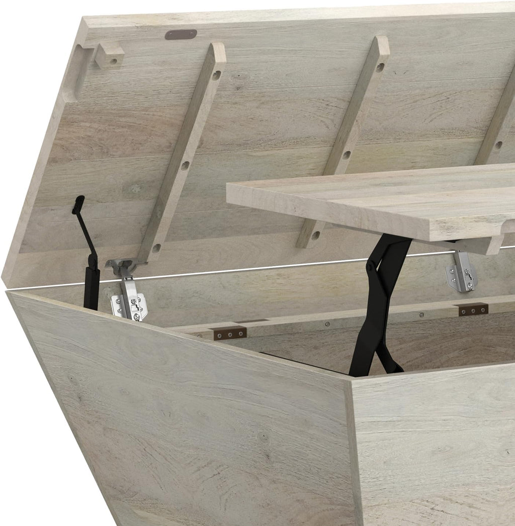 SIMPLIHOME Abba 36-inch Wide Solid Mango Modern Lift Top Square Coffee Table with Dual Lift Panels and 2 Storage Compartments in White Wash for Living Room