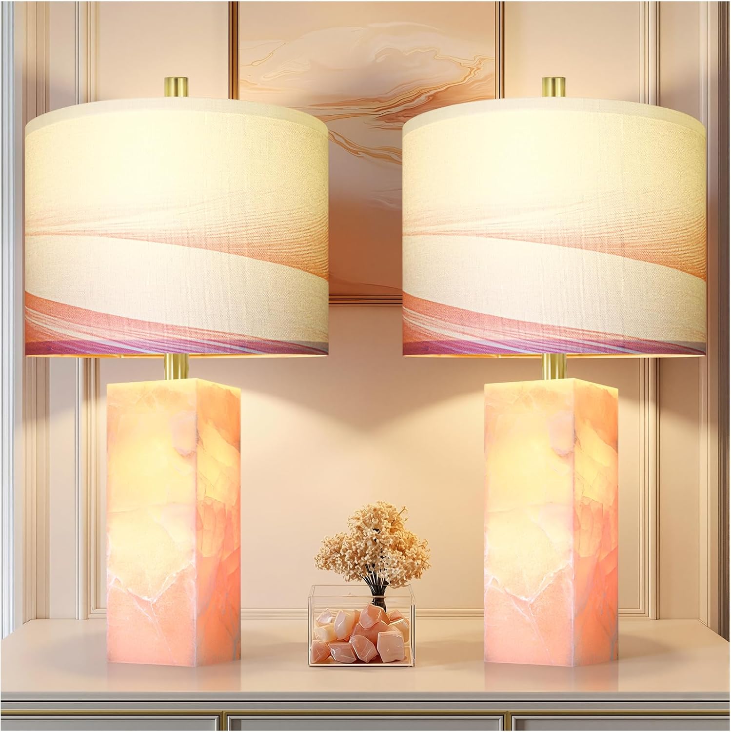 Scenekoy 23' Alabaster Table Lamp Set of 2 with Night Light for Bedroom Living Room, Rotary Switch, Pink Modern Table Lamp with Linen Shade, Nightstand Lamps for Room Bedside Office (Bulb Included)