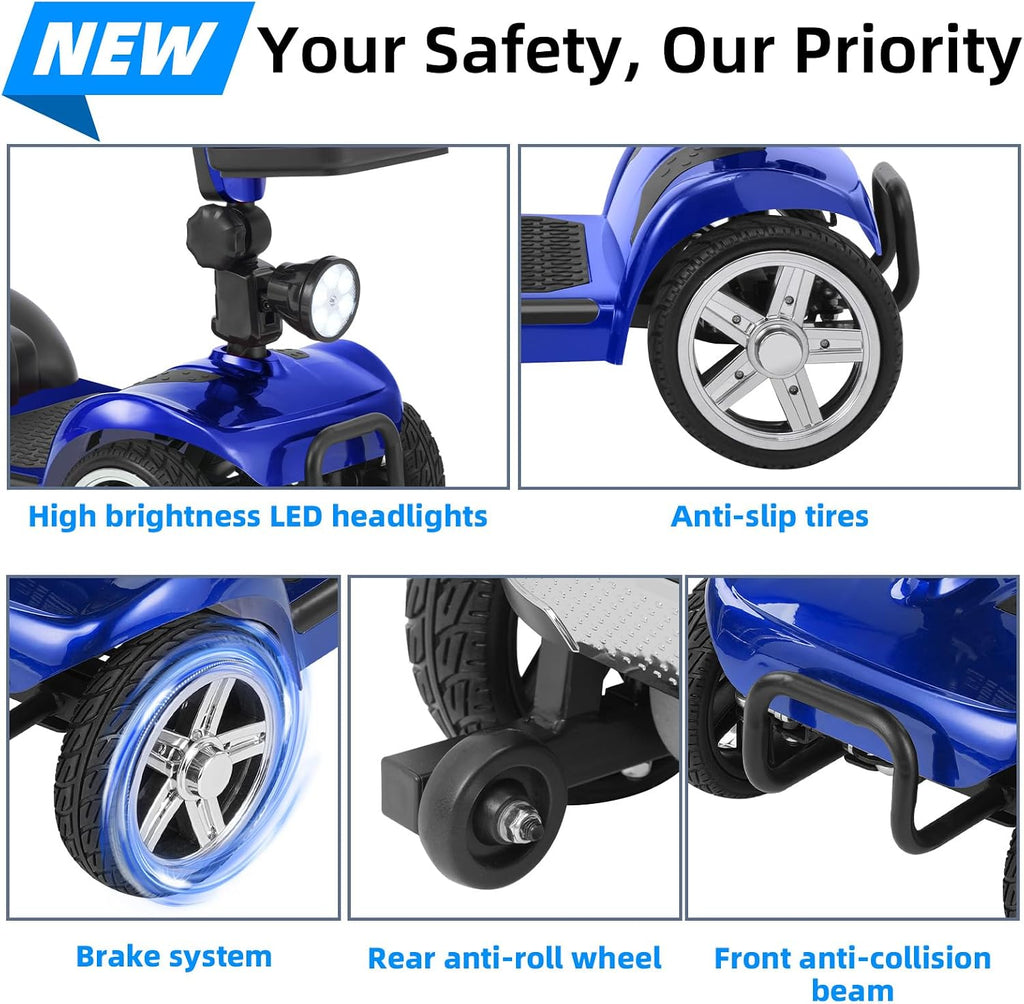 45 Miles 4 Wheels Mobility Scooter for Seniors/Adults Up to 300LBS,350W Electric Wheelchair Detachable Lithium Battery,Dual Baskets,Rotating Seat,with Taillight, USB Charging, Blue