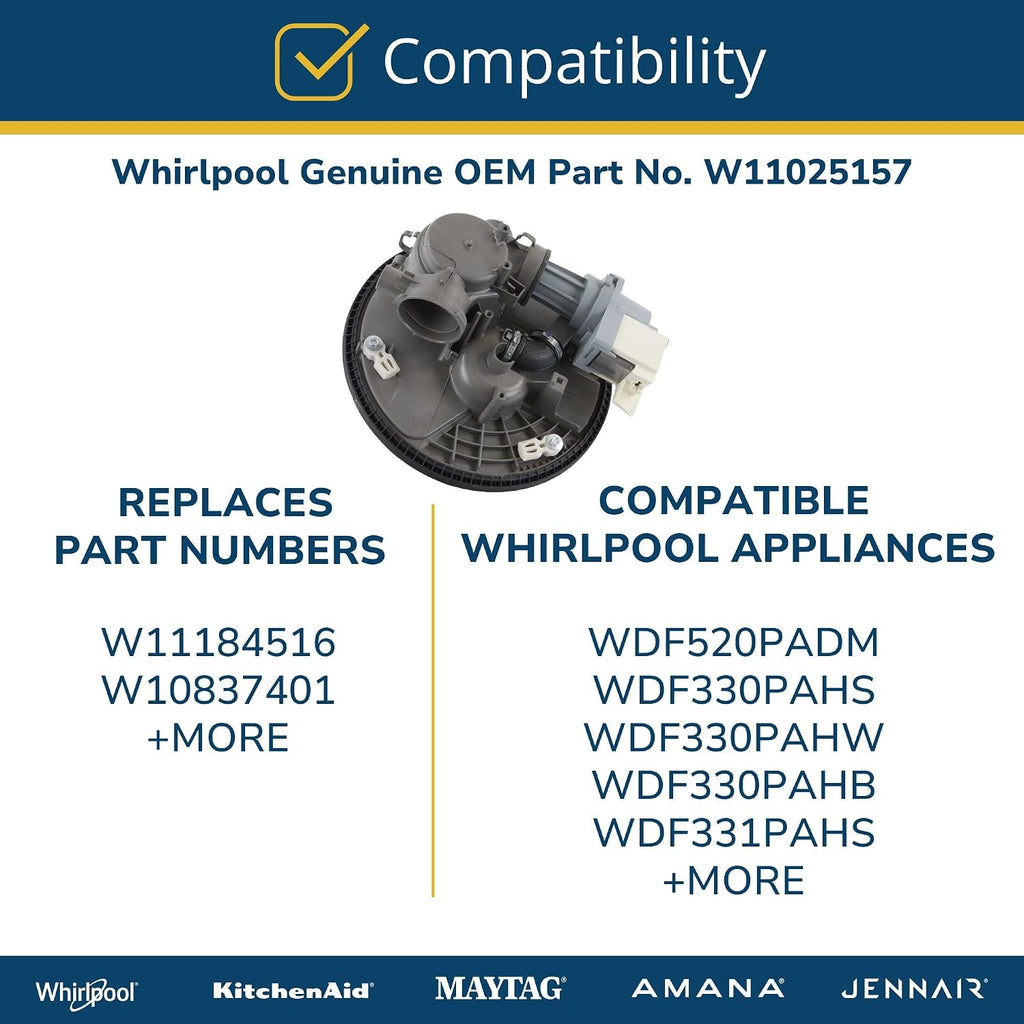 Whirlpool W11025157 Genuine OEM Dishwasher Pump and Motor Assembly Replacement Part - Replaces W10837401 and W11184516