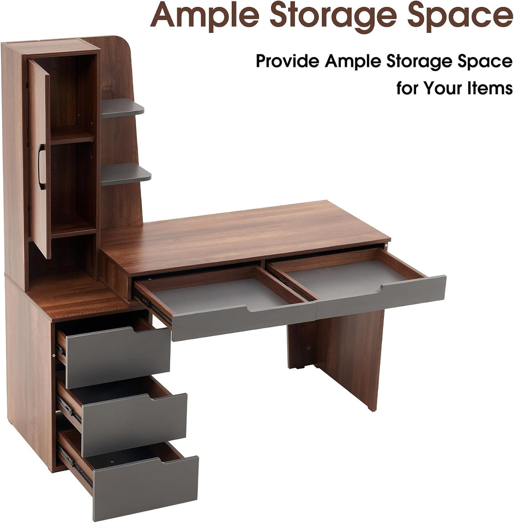 ivinta Computer Desk with Storage Shelves and Drawers, Modern Corner Office Desk for Home Office, Bedroom, Living Room, Classroom 7118 (Walnut Brown)