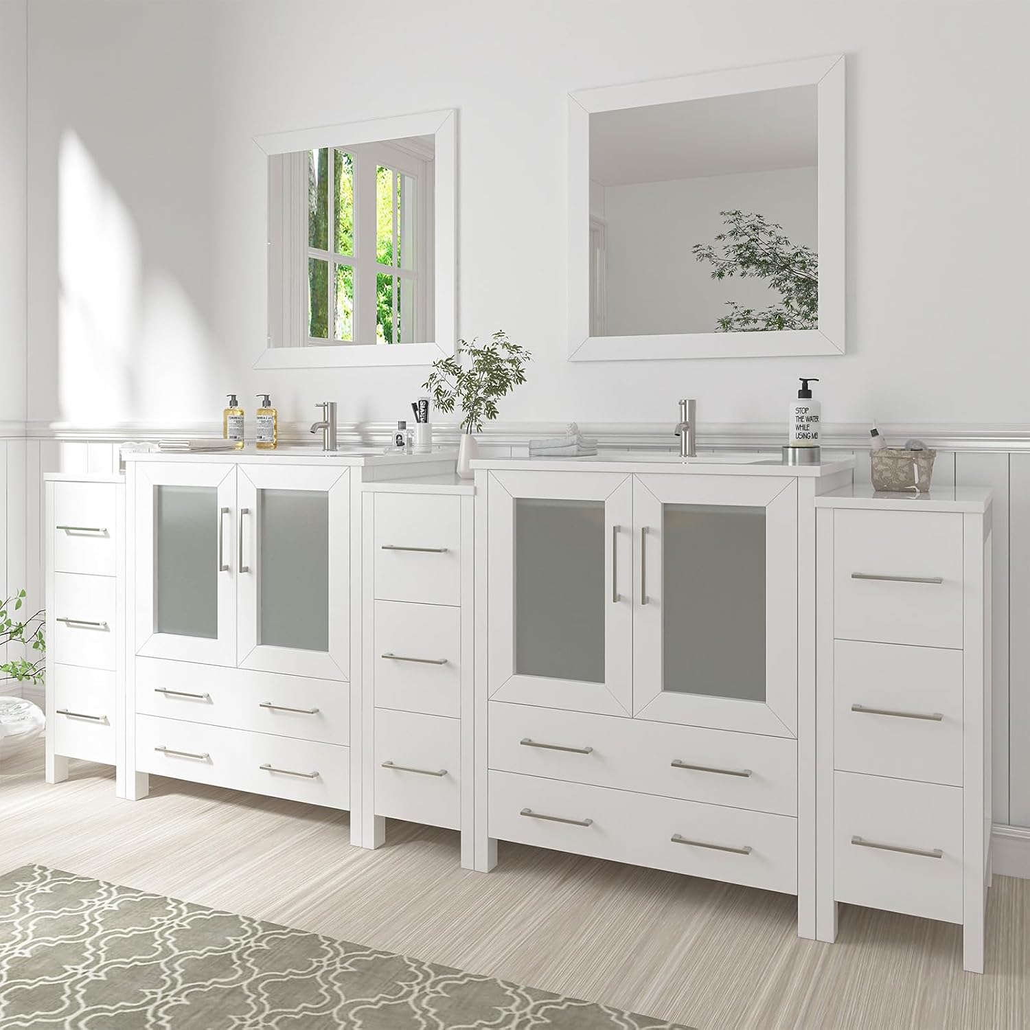 Vanity Art 96 Inch Under Mount Double Sink Bathroom Vanity Cabinet with 2 Mirrors, Ceramic Top Bathroom Cabinet Compact Set with 13 Dovetail Storage Drawers, VA3030-96-W