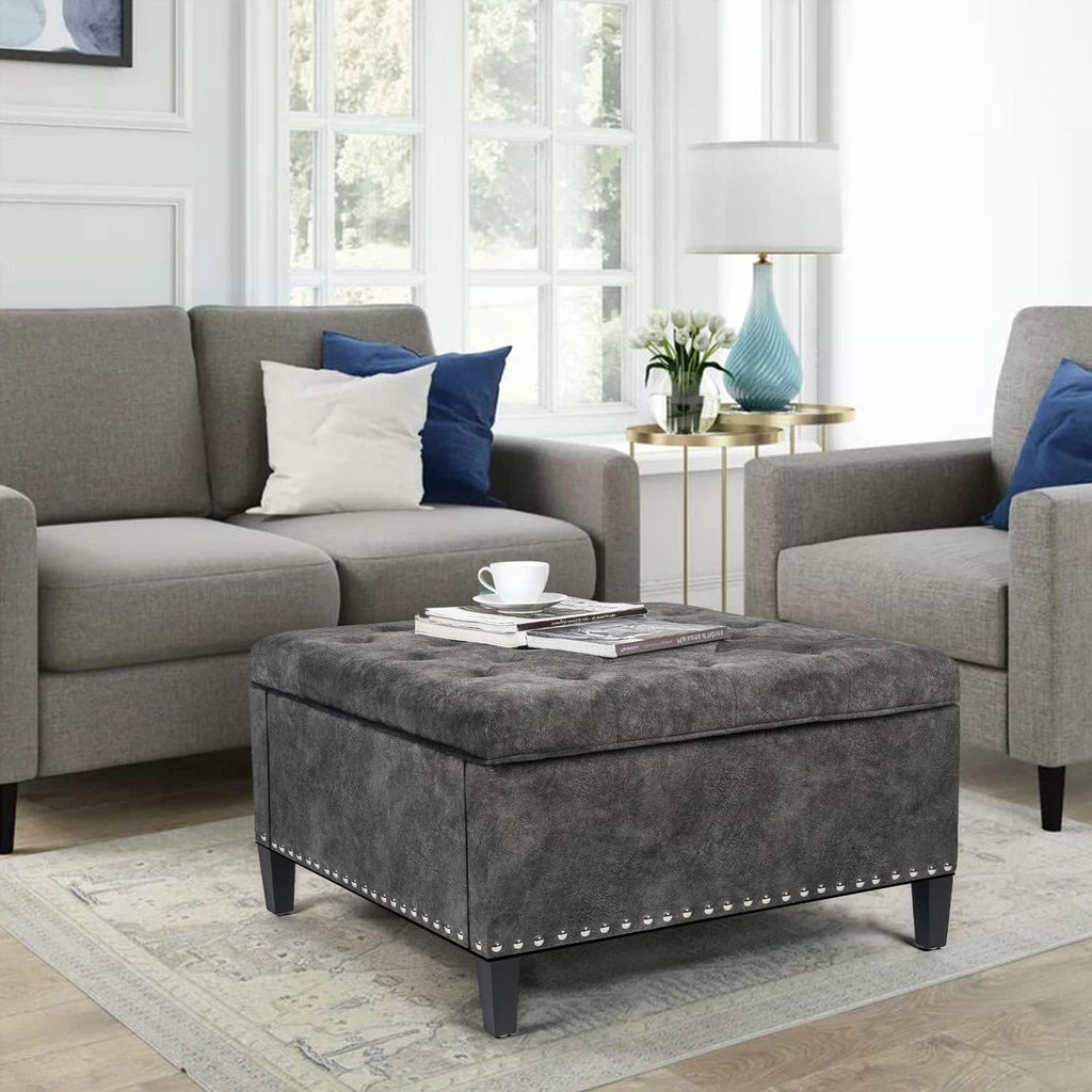 Joveco Storage Ottoman Square Tufted Bench Coffee Table Footrest for Living Room Bedroom, Need to DIY Assemble/ Put it Together, (Dark Gray)
