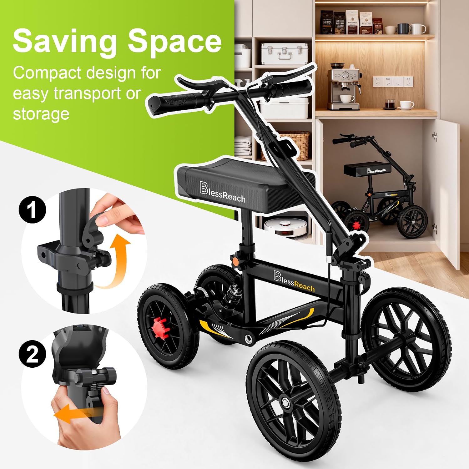 BlessReach Deluxe Medical Scooter Double Handbrake, All Terrain Steerable Knee Scooter Crutch Alternative, for Adults Injured Ankle & Foot Recovery in Blacks