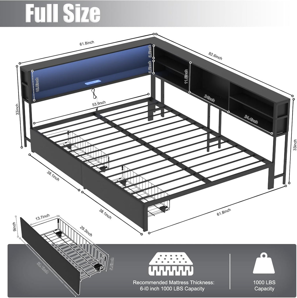Ball & Cast Full Size Daybed with Bookcase Storage and Charging Station,Corner Bed Frame W/Storage Drawers,Full Metal Daybed W/LED Lights,Bedroom Furniture for Apartment,Guest Room,Living Room,Black