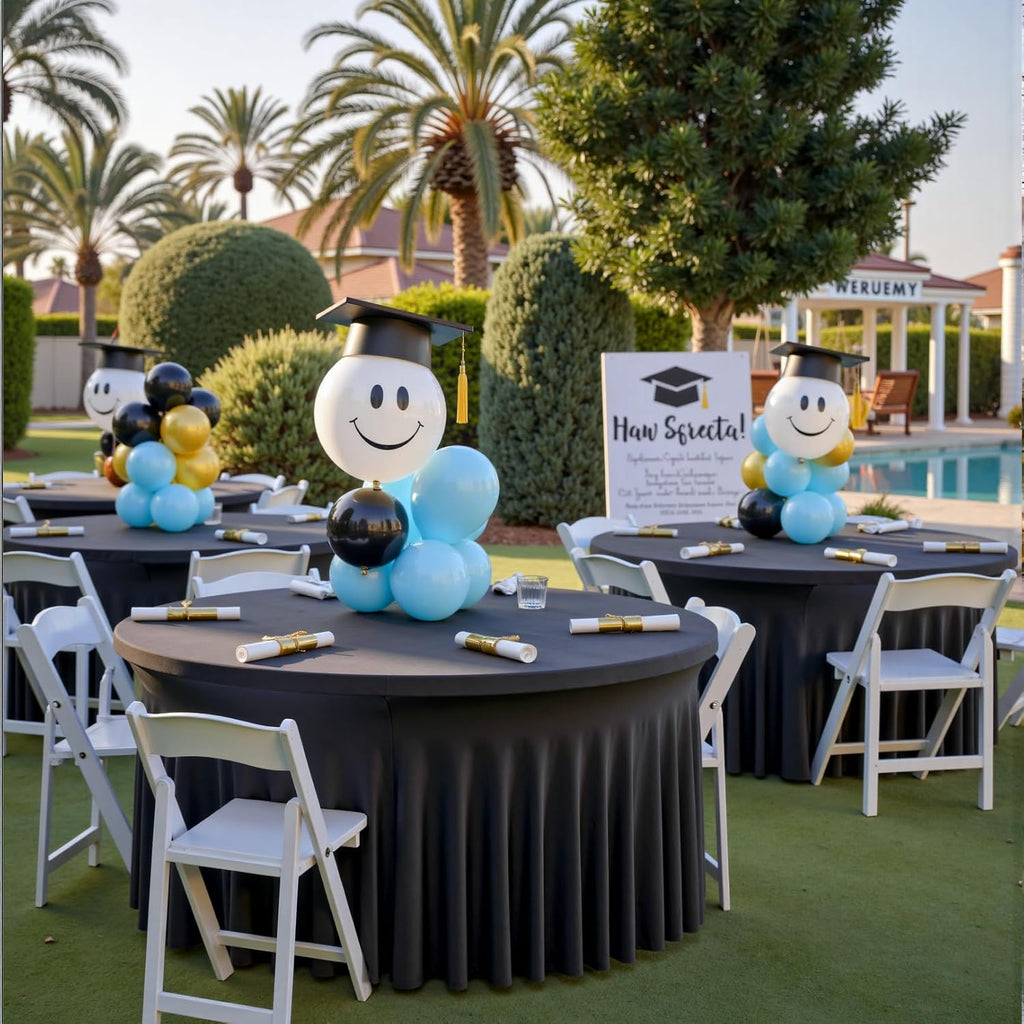 8 pk Black Spandex Round Tablecloths 60 inch with Ruffled Skirt, Wrinkle Free High-Stretch 120 inch Table Cloth Fitted 5ft Round Elastic Spandex Table Covers for Party Graduation Banquet Dinning
