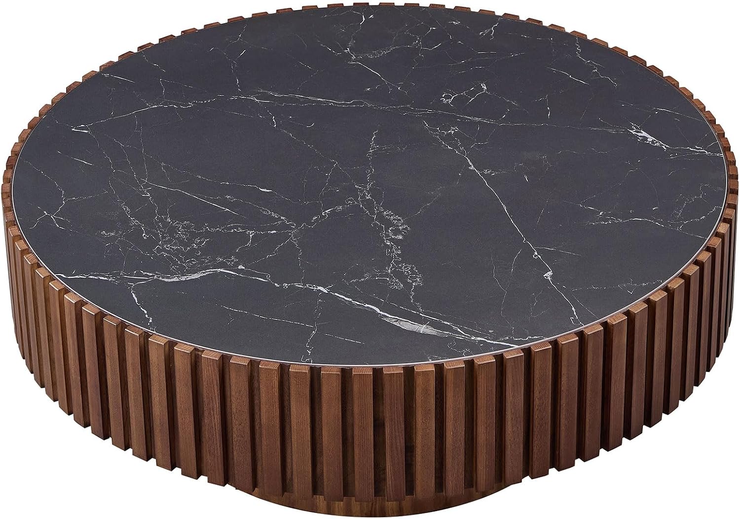 35.43'' Sintered Stone Coffee Table Black Modern Round Coffee Table for Living Room, Contemporary Circle Fluted Drum Pedestal Style, Easy Assembly, Walnut