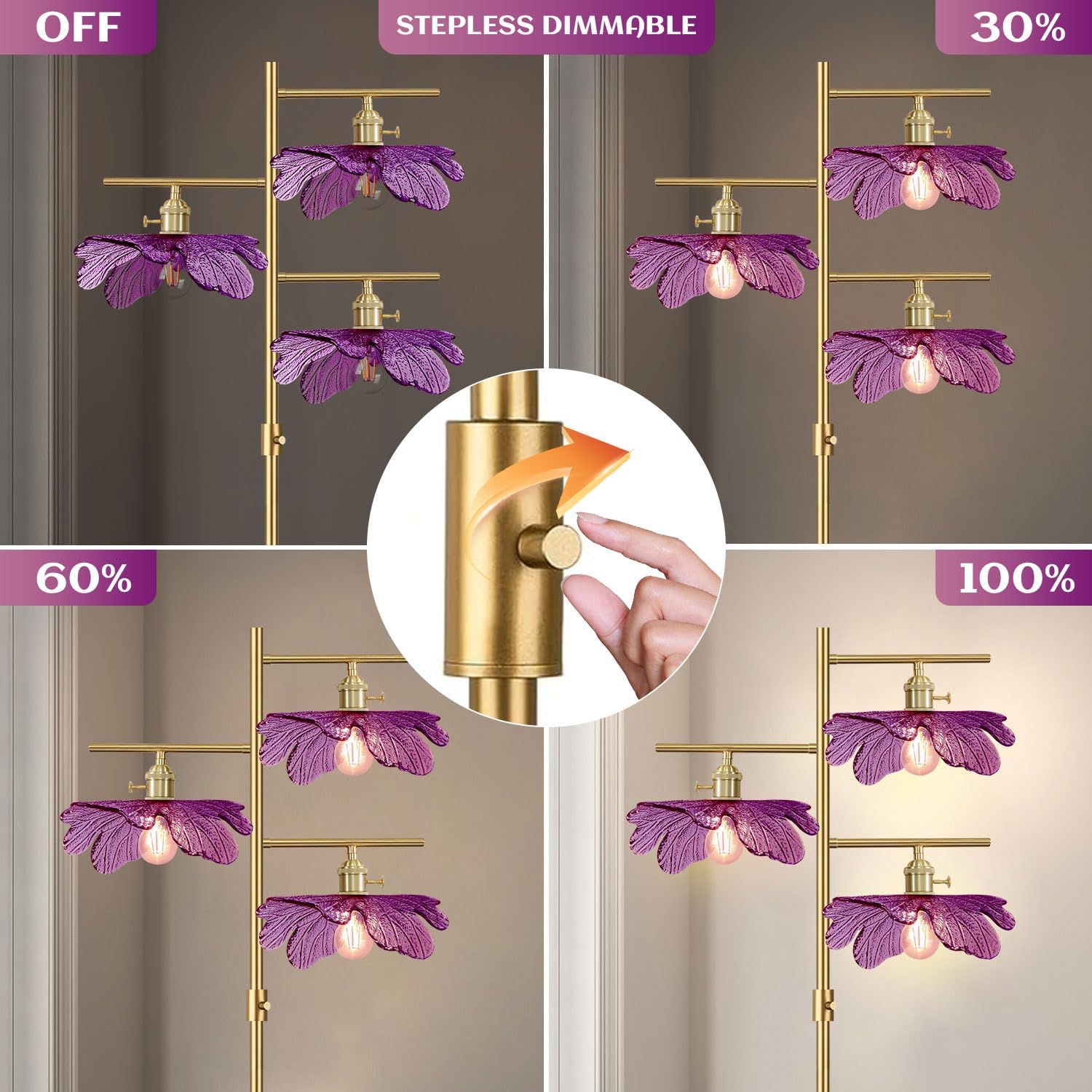 65' Gold Dimmable Floor Lamp, 3-Light Standing Lamp with Purple Flower Glass Shade, Vintage Tall Floor Lamp for Living Room Bedroom Corner Study Office Home