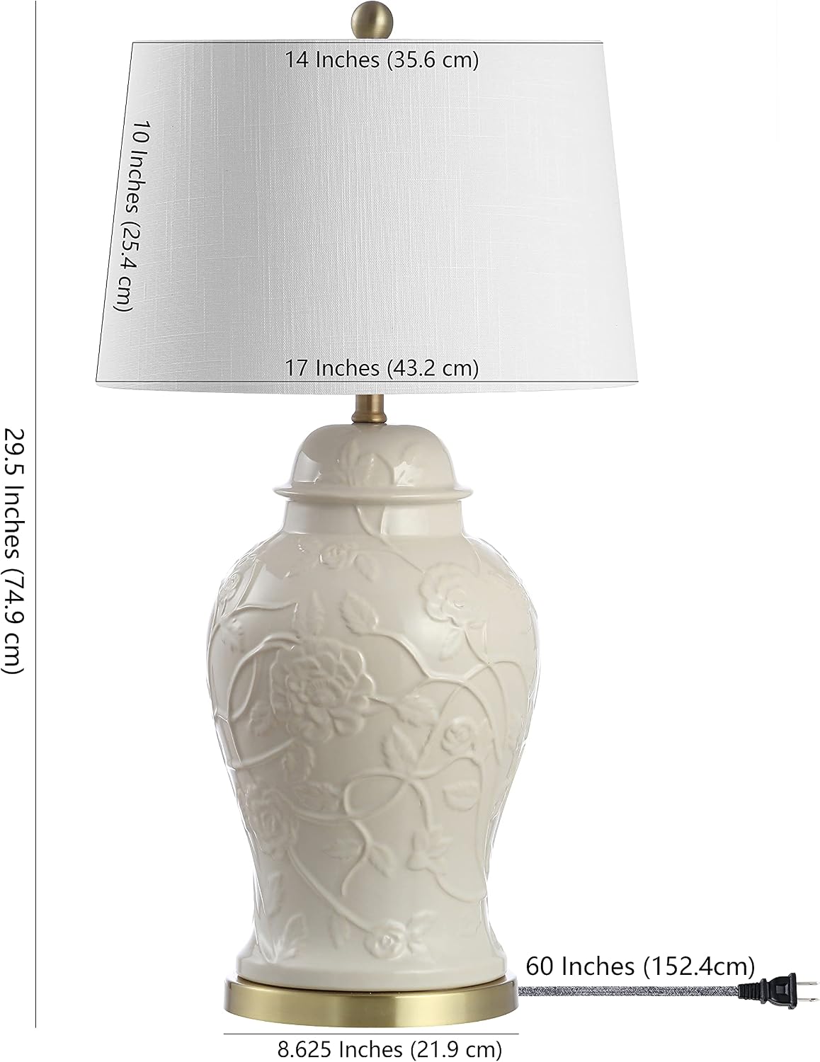 JONATHAN Y 29.5' Cream Ceramic Chinoiserie Table Lamp, Traditional Ginger Jar Lamp for Living Room Bedroom, White Linen Empire Shade, Brass Gold Base, LED Bulb Included JYL6604A