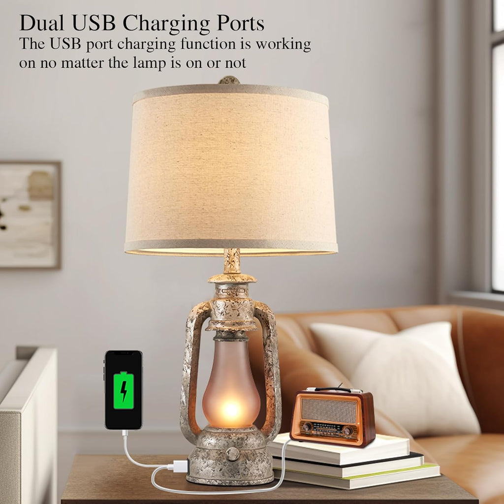 Farmhouse Rustic Table Lamps for Living Room Set of 2,Vintage Lantern Table Lamp with Dual USB Ports, 25' Tall Retro Bedside Lamp for Bedroom Nightstand, 4 Bulb Included (Iron Gray)