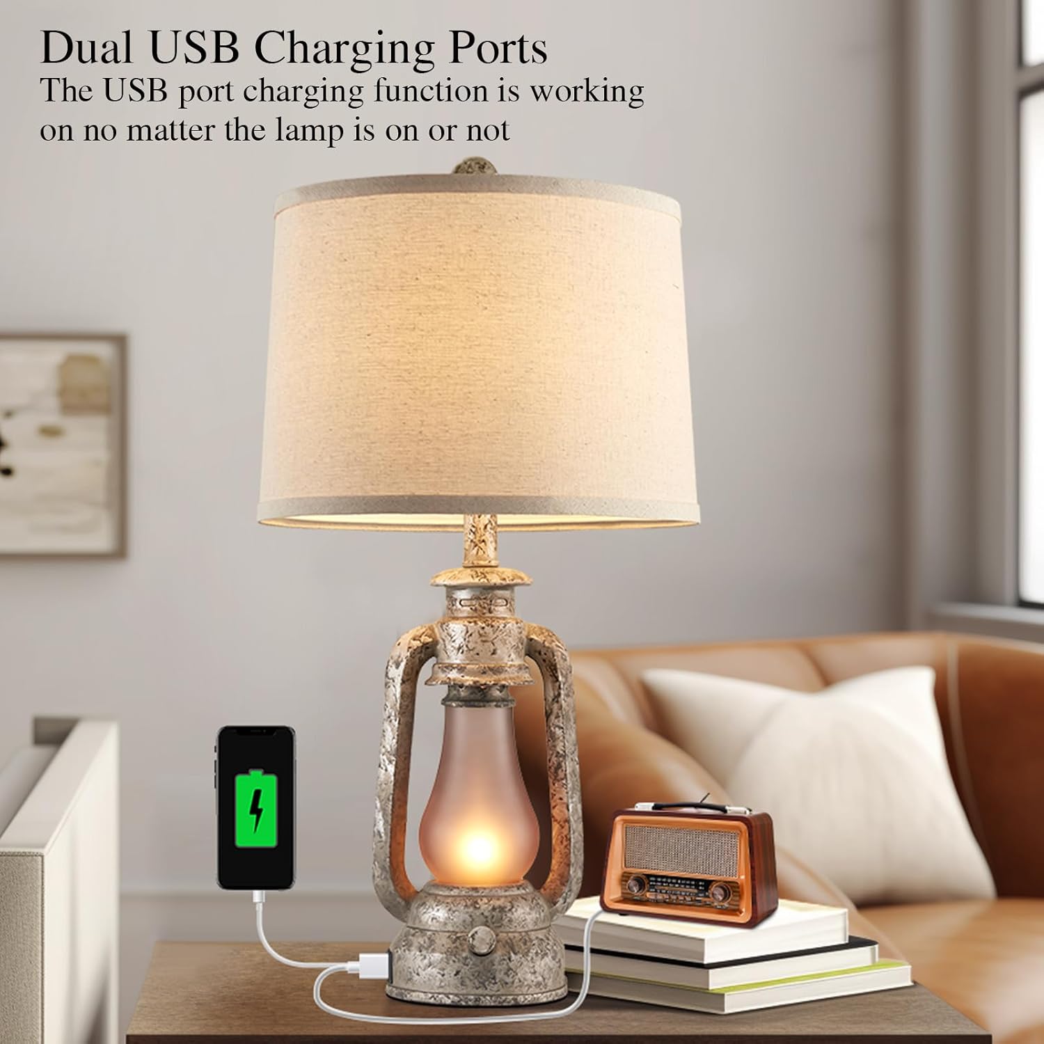 Farmhouse Rustic Table Lamps for Living Room Set of 2,Vintage Lantern Table Lamp with Dual USB Ports, 25' Tall Retro Bedside Lamp for Bedroom Nightstand, 4 Bulb Included (Iron Gray)