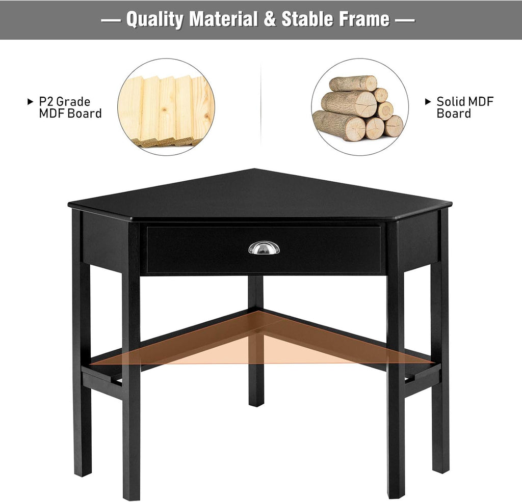 GOFLAME Computer Corner Desk, Wood Compact Home Office Writing Workstation with Drawer and Shelves, Laptop PC Corner Table for Small Space Home Office, Black