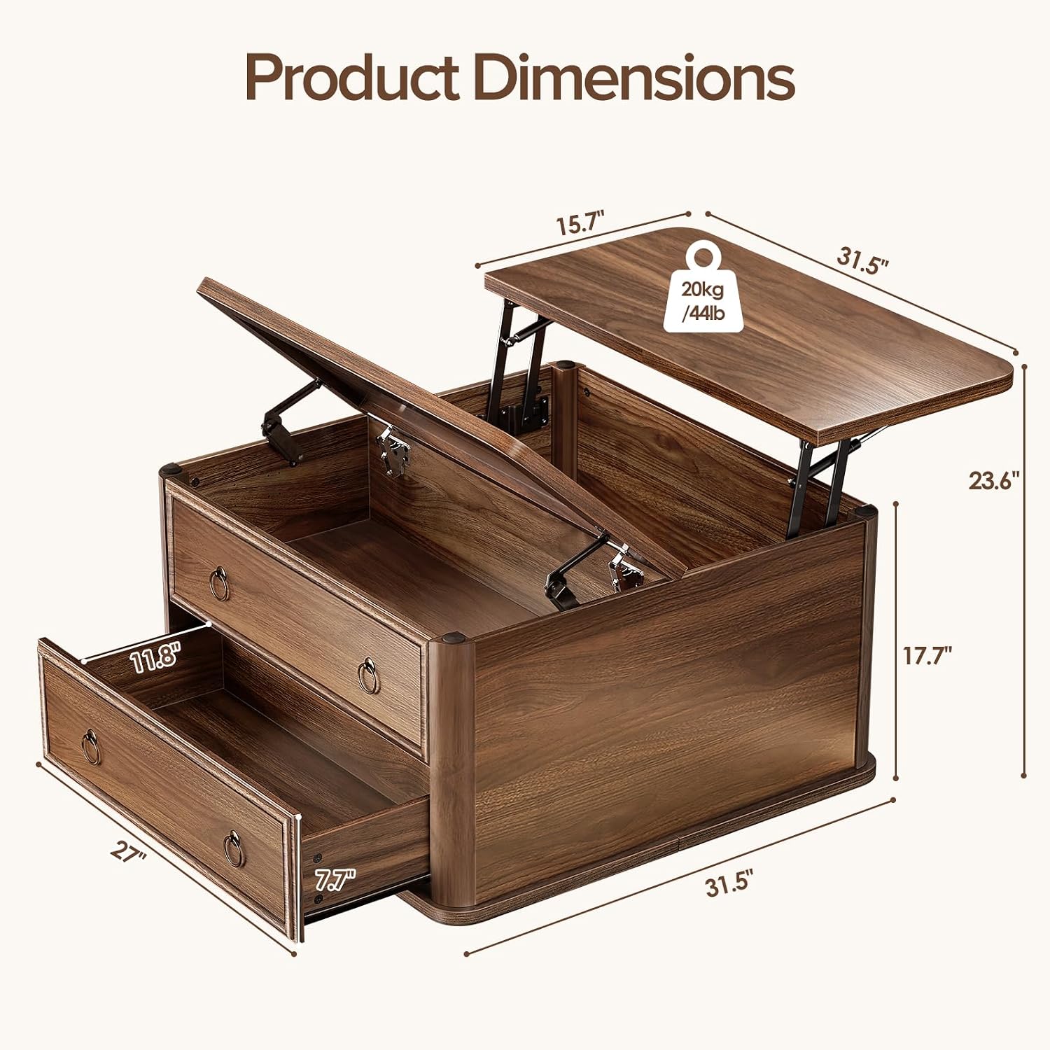 Memobarco 31.5' Lift Top Coffee Table with Storage,Square Coffee Tables with Lifting top for Living Room,Farmhouse Coffee Table with Large Drawers and 2 Hidden Compartment,Walnut