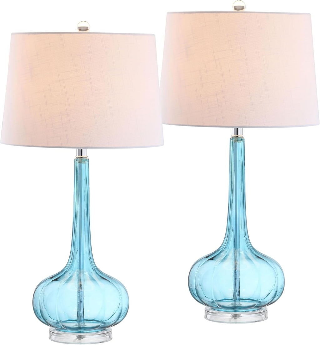 JONATHAN Y 28.5' Aqua Glass Teardrop LED Table Lamp Set of 2 for Living Room Bedroom Nightstand, White Linen Shade Modern Transitional Bedside Desk Lamp (JYL1079B-SET2)