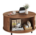 31.5 Inch Round Coffee Table, Fluted Coffee Tables with Storage, Mid-Century Modern Center Tables, Living Room Table with Sliding Door and Wood Handle for Living Room, Walnut