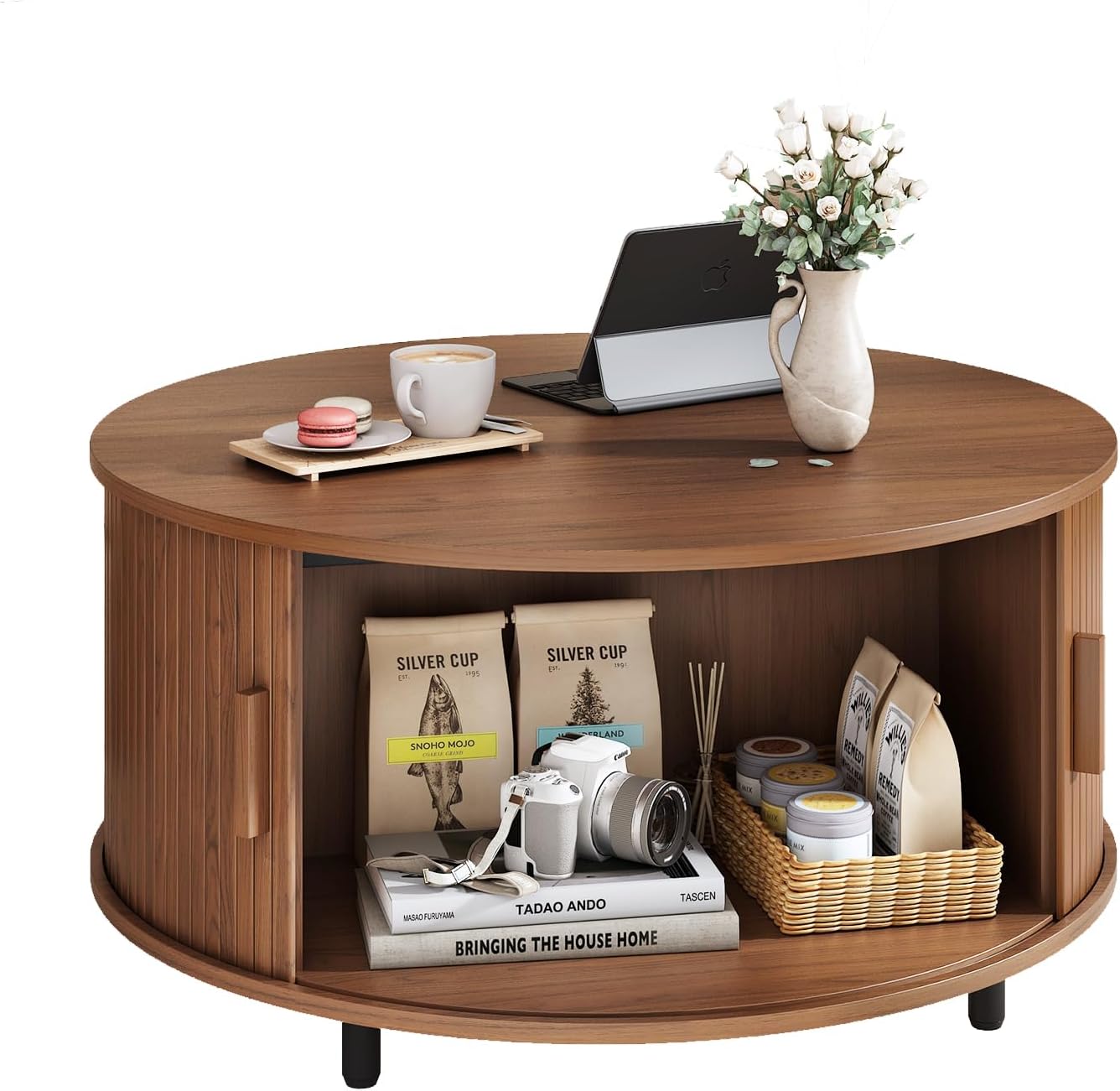 31.5 Inch Round Coffee Table, Fluted Coffee Tables with Storage, Mid-Century Modern Center Tables, Living Room Table with Sliding Door and Wood Handle for Living Room, Walnut