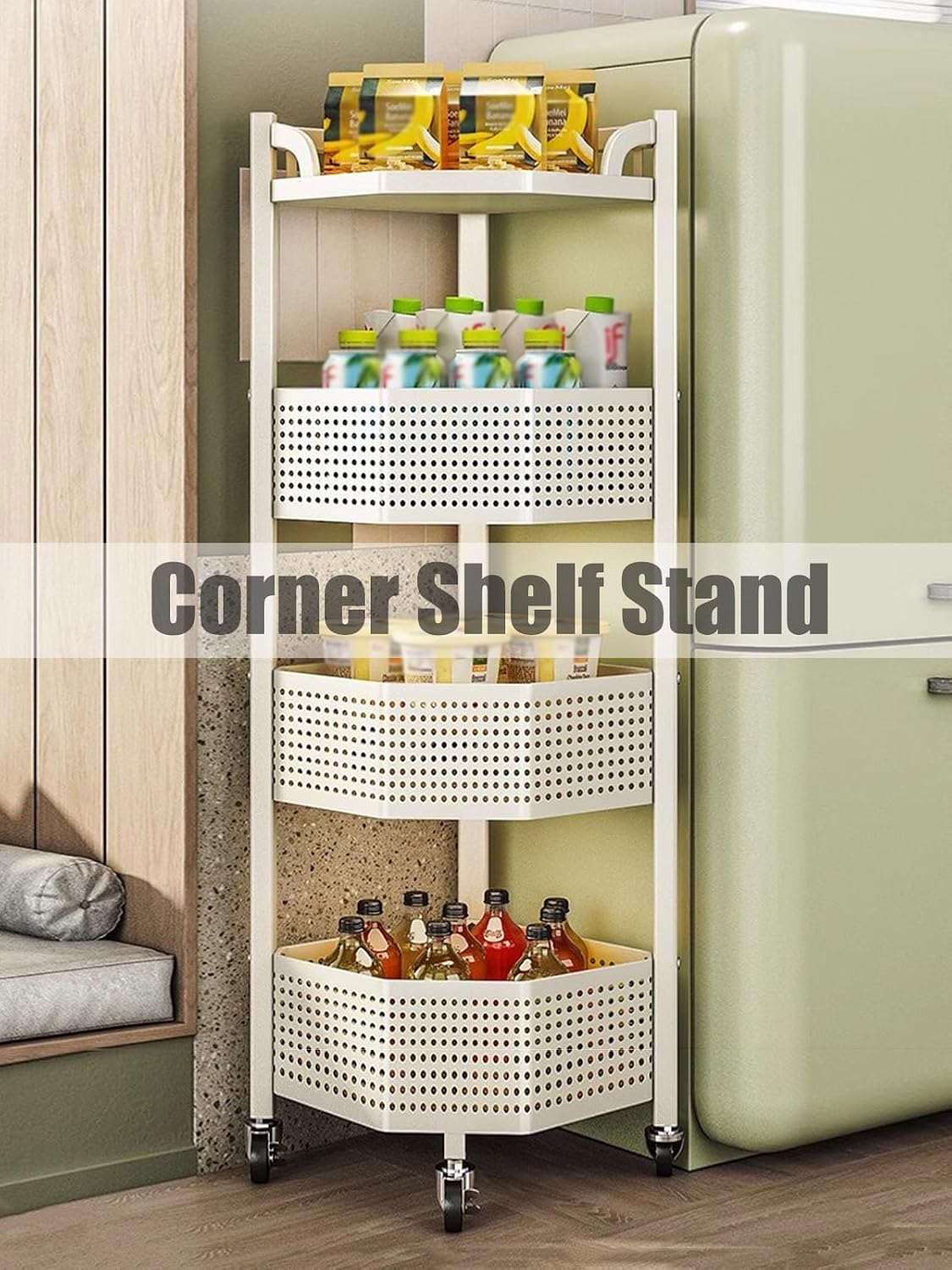 White Corner Shelf Stand, 4-Tier Corner Storage Rack, Corner Shelving Unit, Modern Display Shelf for Living Room, Bedroom, Kitchen (Color : with 1 Basket, Size : 4 Tier)