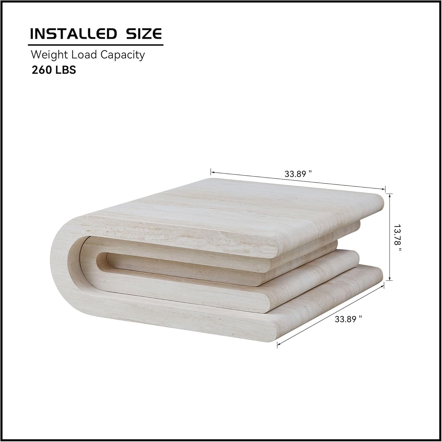33.89' Square Faux Travertine Pattern Coffee Table for Living Room,MDF Modern Design Irregular Table with Layered Base for Office,Apartment,No Need Assembly,Beige
