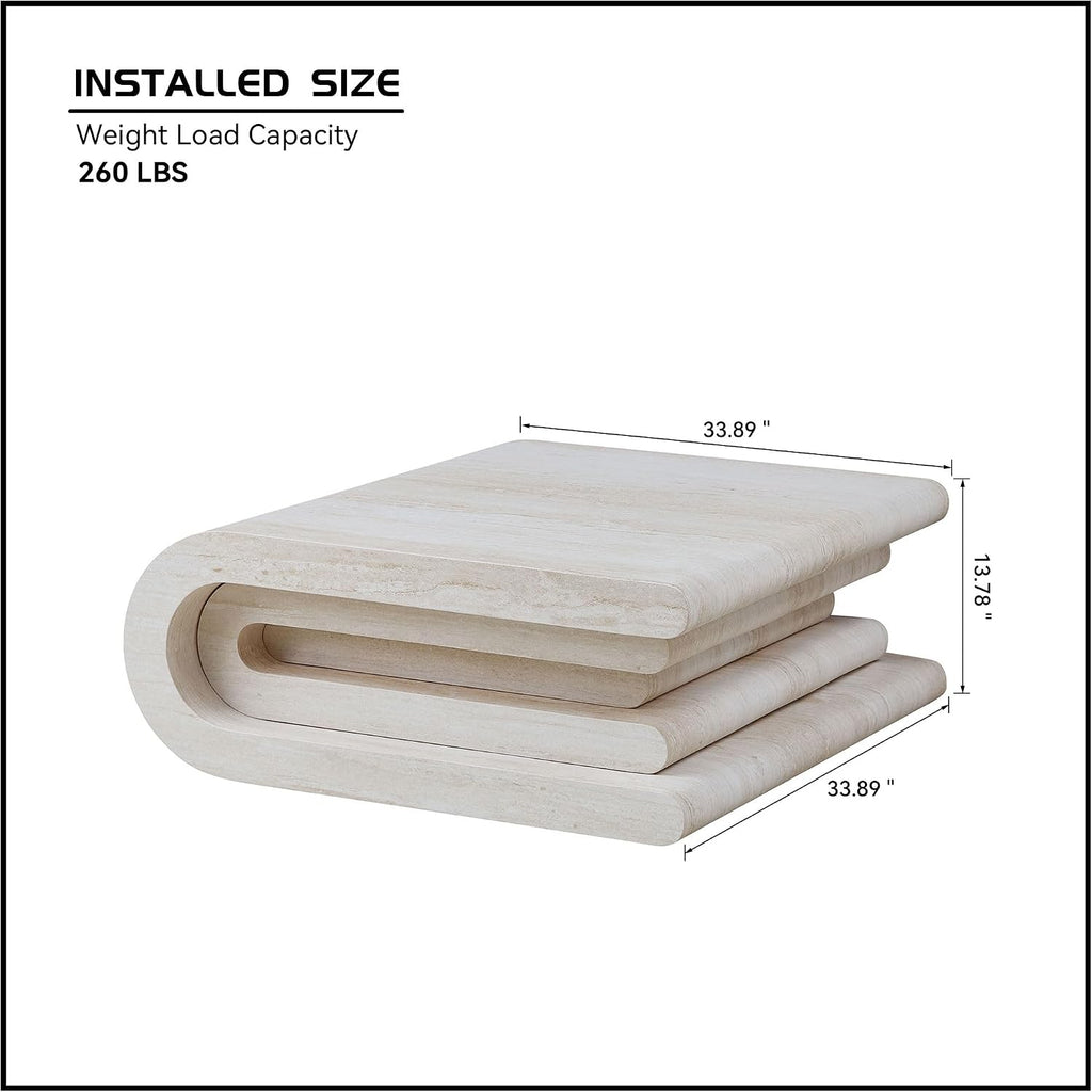 JUSTONE 33.9' Square Faux Travertine Pattern Coffee Table for Living Room, MDF Modern Design Irregular Table with Layered Base, No Assembly Needed, Beige