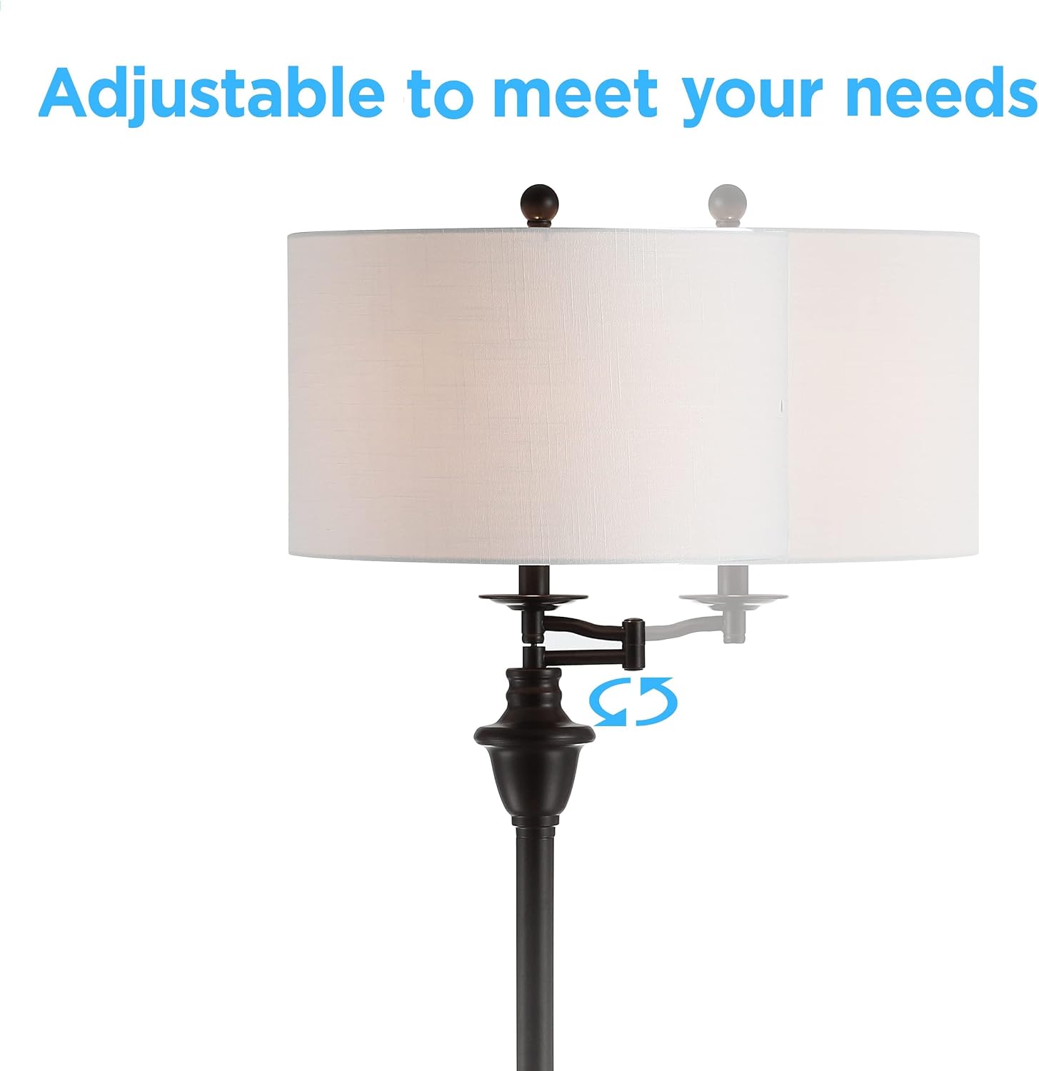 JONATHAN Y 60' Oil Rubbed Bronze Floor Lamp with Integrated Glass Side Table, Modern Swing Arm Standing Lamp for Living Room, White Linen Shade, LED Bulb Included (JYL3055C)