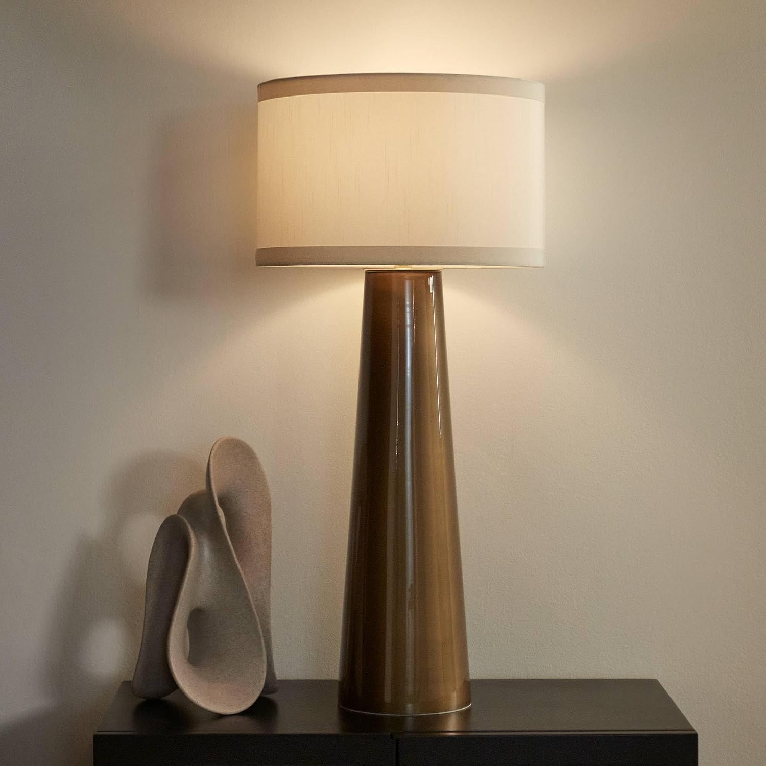 Possini Euro Design Karen Modern Table Lamp 36' Tall Dark Gold Tapered Glass Column Off White Fabric Drum Shade Decor for Living Room Bedroom House Bedside Nightstand Home Office Entryway Family