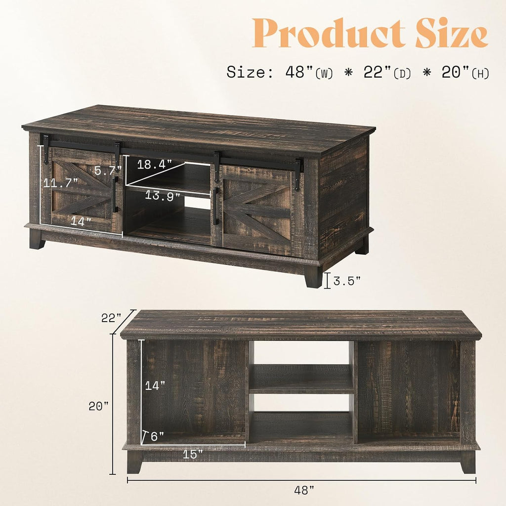 AMERLIFE Farmhouse Coffee Table with Sliding Barn Doors & Storage Cabinet for Living Room, 48' Modern Center Table, Adjustable Shelves, Rustic Oak Black