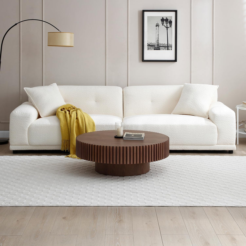 39.37'' Walnut Round Coffee Table for Living Room, Modern Wood Contemporary Circle Fluted Drum Style, Easy Assembly, Walnut (ø39.37'' x 13.42'')