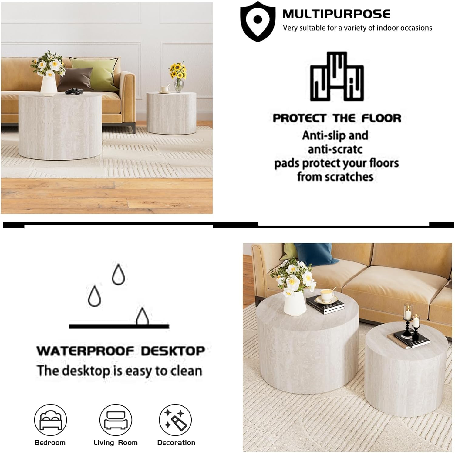 Round Wood Coffee Table Set of 2 Modern Circle Nesting Coffee Table Handcrafted Drum Nesting Table Nesting Coffee Tables for Living Room for Small Space (Travertine B (D18.2+D14.6 inch))