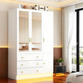 3 Doors LED Wardrobe Closet, 75' Tall Modern Armoire with Mirror & 3 Drawers, Wooden Armoire Wardrobe Closet for Bedroom, Hanging Rod, Freestanding Clothing Storage Cabinet, White