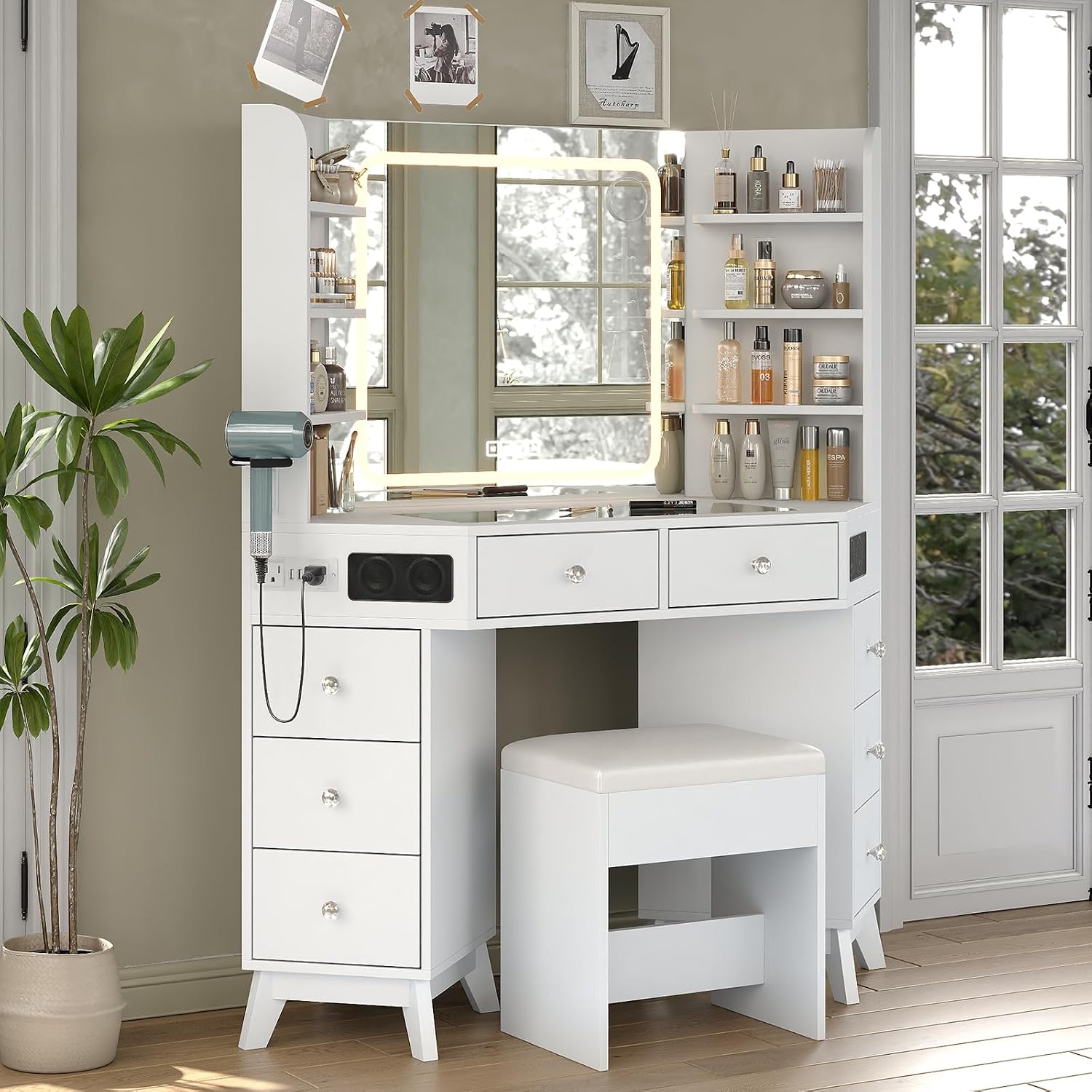 Yanosaku Corner Vanity Desk with Buil-in Speaker, 8 Drawers & 6 Shelves, Makeup Vanity with Glass Top, Modern Vanity with Mirror and Lights, 3 Color Lighting Modes, Dressing Table for Bedroom, White