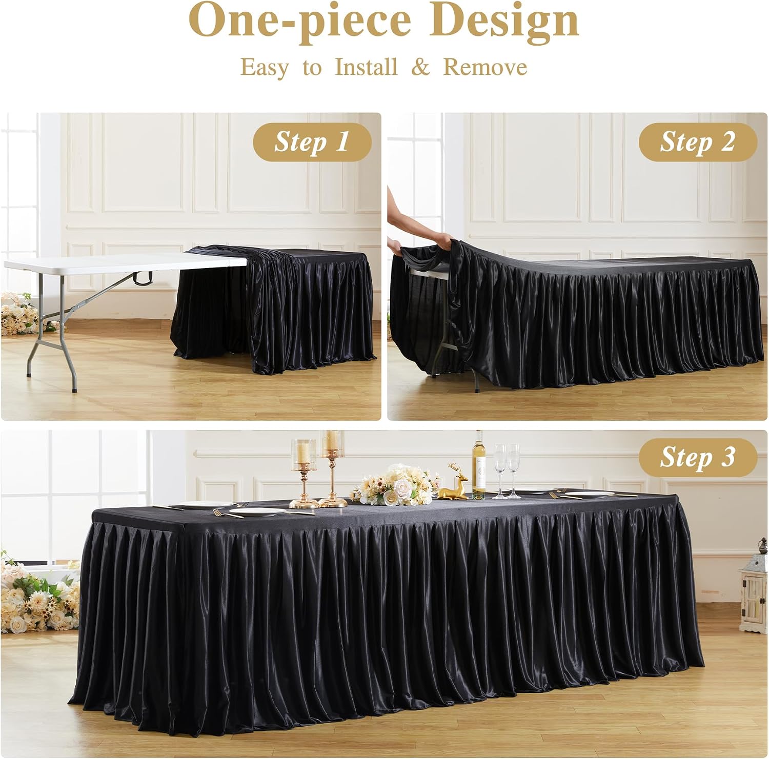 8 Pack 8ft Black Satin Tablecloths Rectangular - Shiny Spandex Party Table Cover with Pleated Table Skirt, No-Wrinkle & Glossy Wedding Tablecloth One-Piece for Birthday Baby Shower Banquet Ceremony