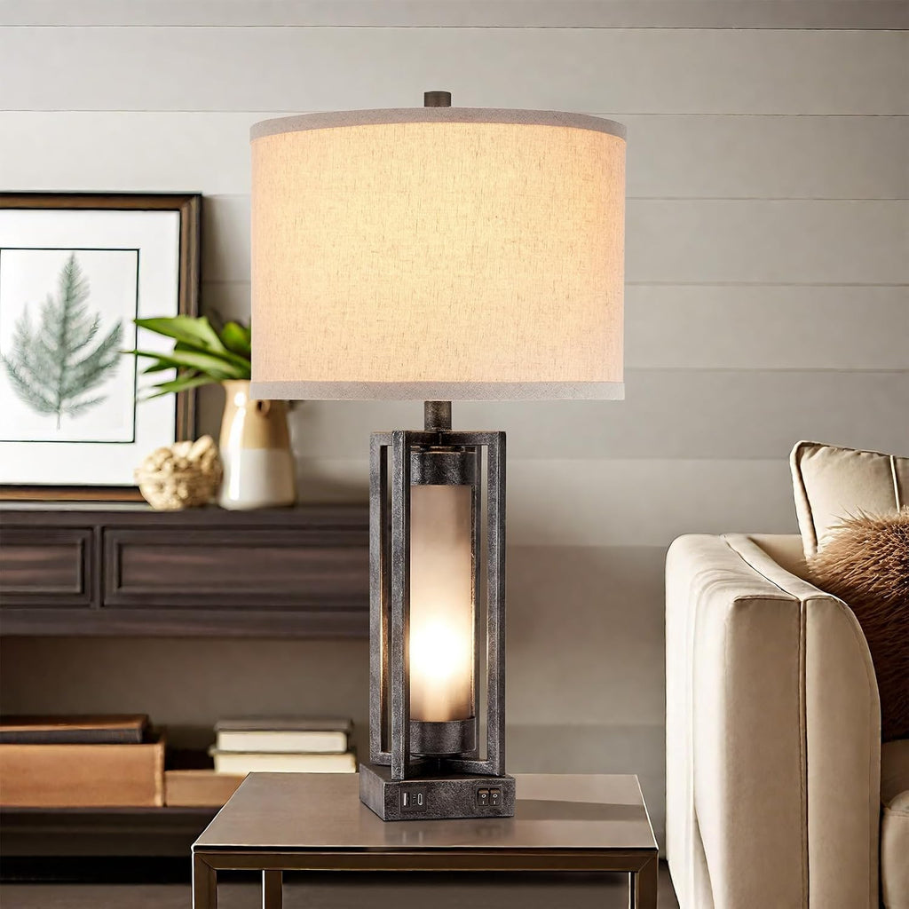 Set of 2 Industrial Table Lamps for Living Room with USB C+A, Vintage End Table Lamp for Bedroom with Gray Nightlight, Farmhouse Rustic Desk Lamp for Bedside, 4 Bulbs Included (Iron Gray)