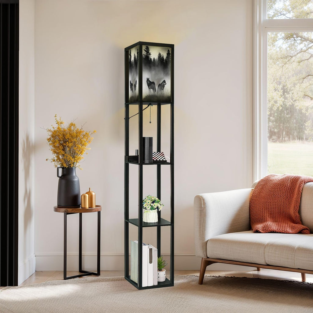 Floor Lamp with Shelves 3D Render Timber Wolfs Standing Tall Lamp USB Ports & Power Outlet Modern Corner Lamp Nightstand Light for Living Room Bedroom