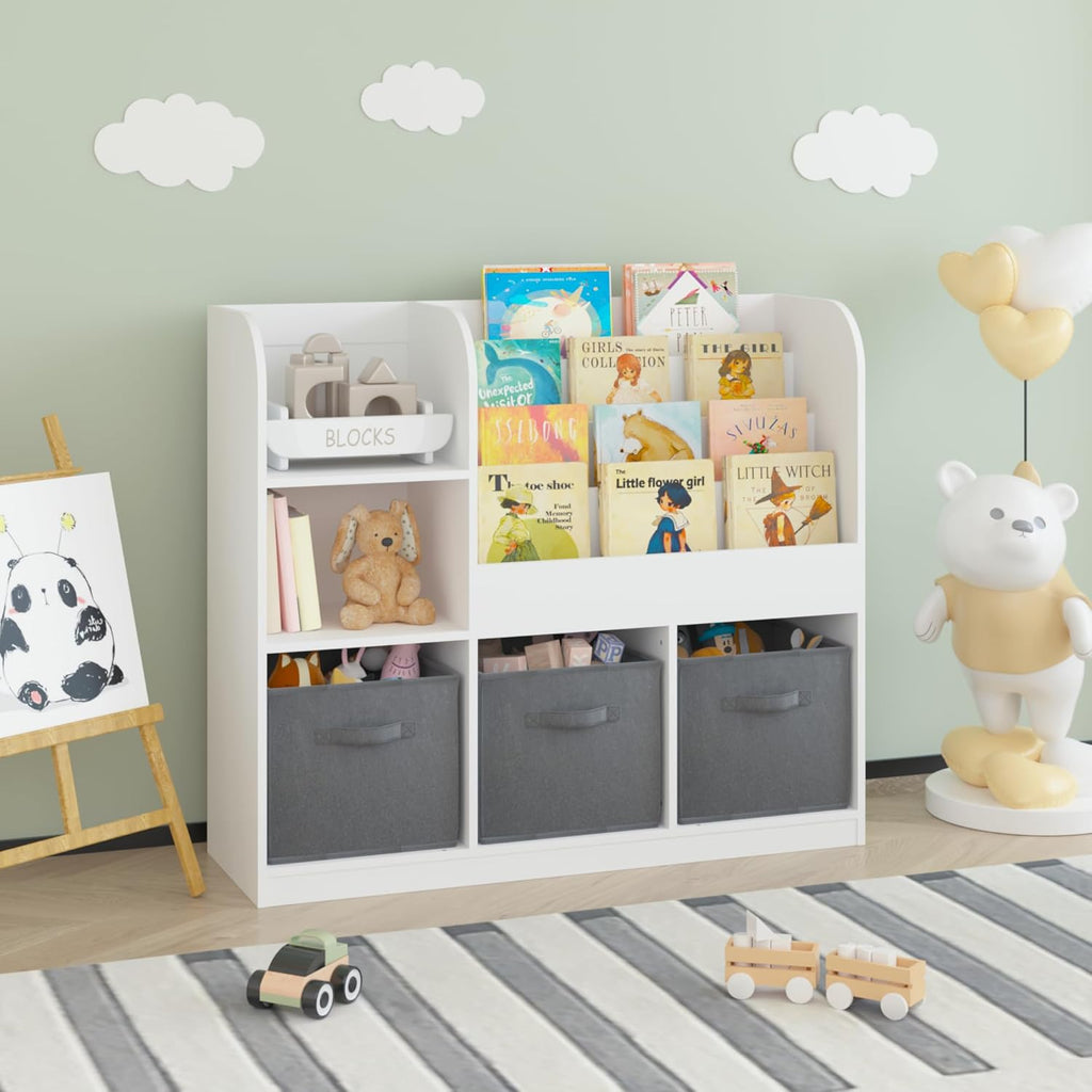 Bookcase and Storage Organizer with 3 Fabric Drawers – Wooden Bookshelf Display Rack for Toddlers and Children, Reading Corner Storage Shelf for Bedroom, Playroom, Nursery, Grey