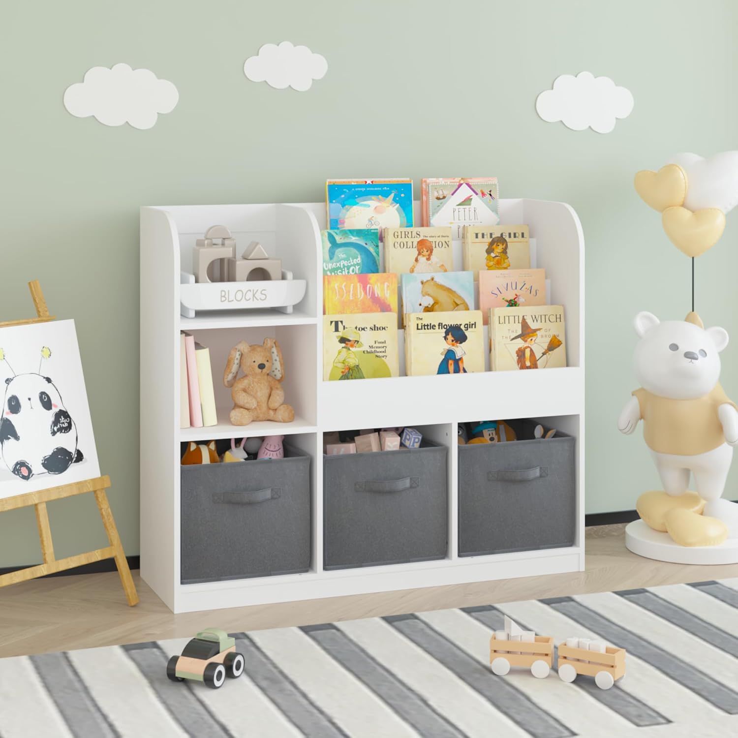 Bookcase and Storage Organizer with 3 Fabric Drawers – Wooden Bookshelf Display Rack for Toddlers and Children, Reading Corner Storage Shelf for Bedroom, Playroom, Nursery, Grey